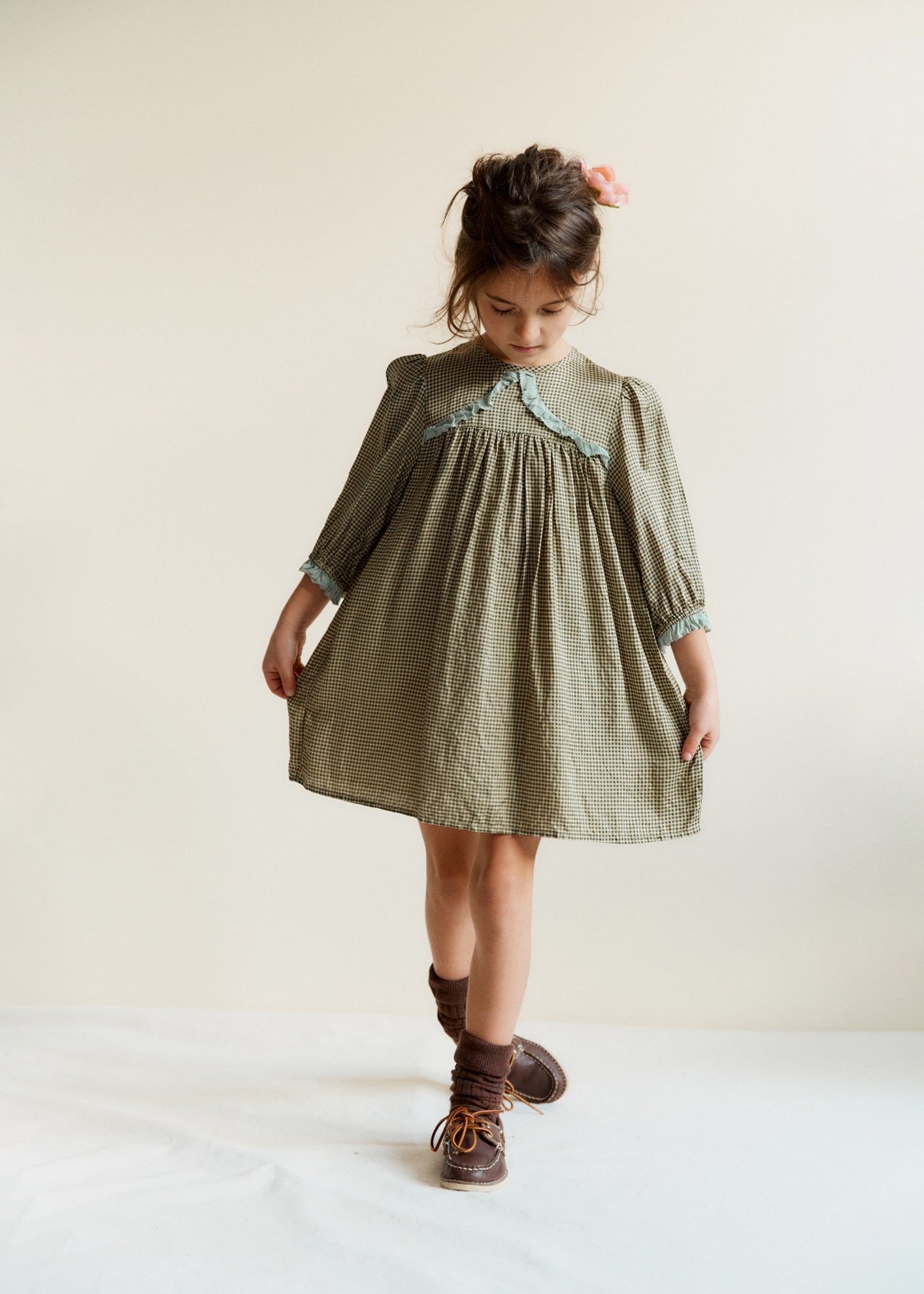 ELBA GIRL'S DRESS - GREEN MICRO-CHECK / CREAM
