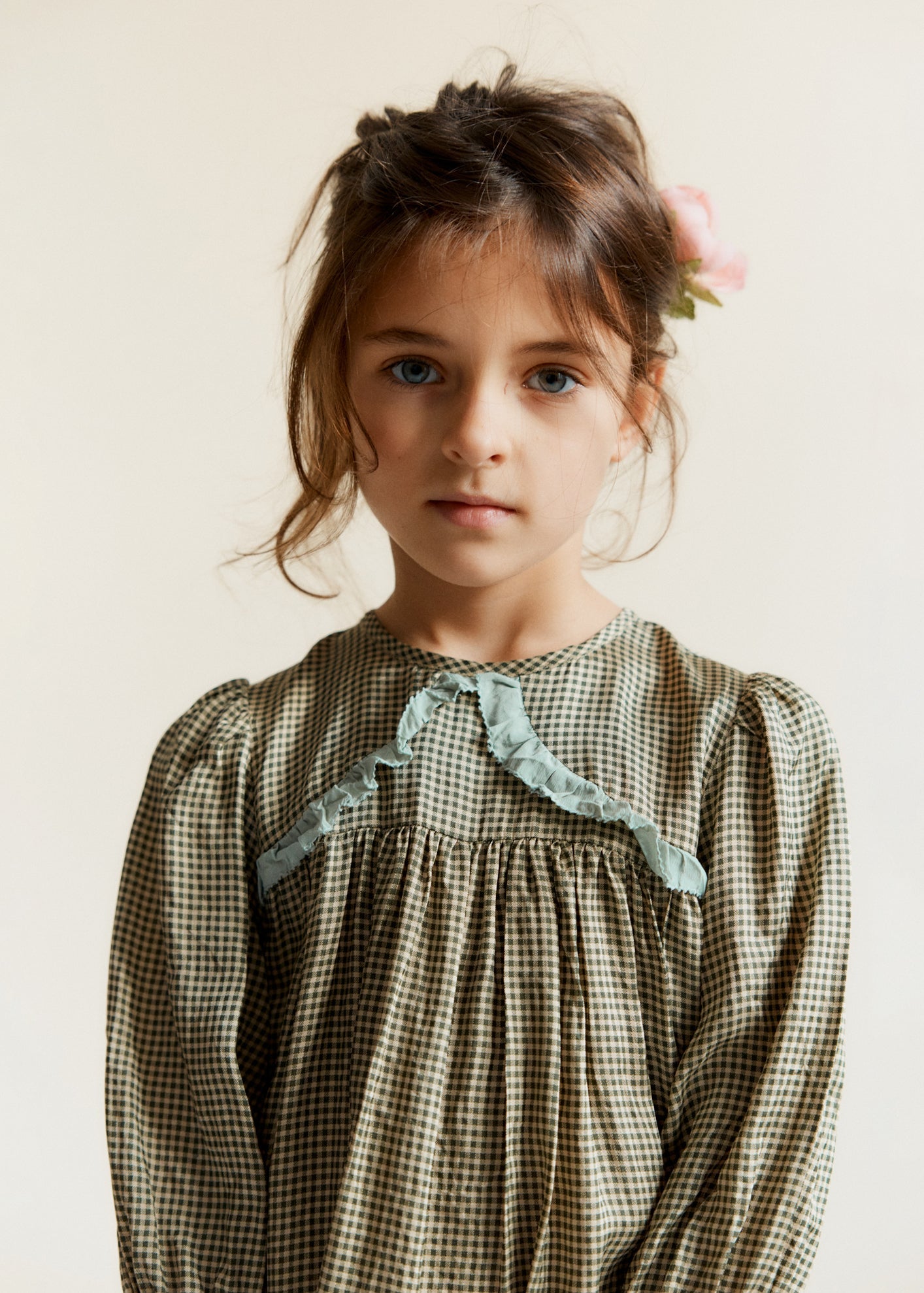 ELBA GIRL'S DRESS - GREEN MICRO-CHECK / CREAM