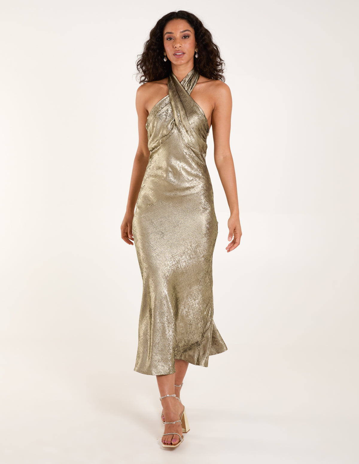 Luxe Twist Front Halter Neck Lame Dress