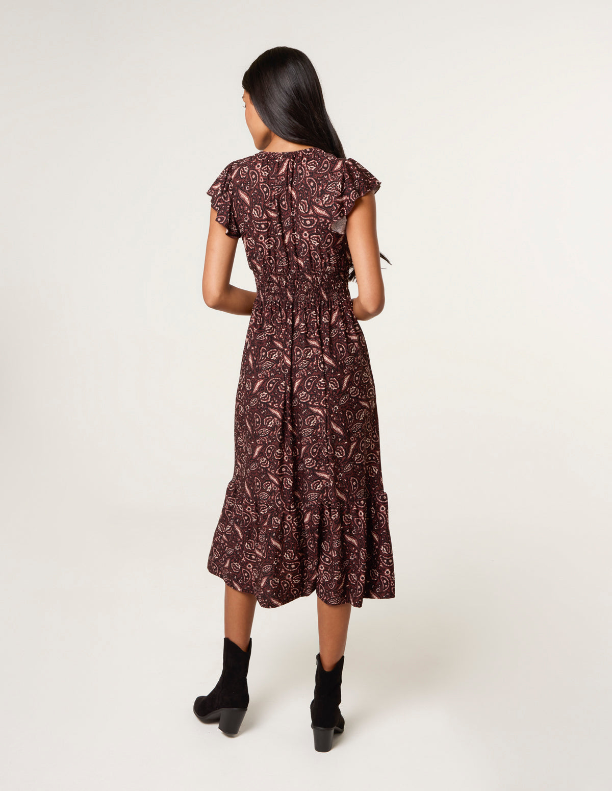 V Neck Midi Dress With Button Front