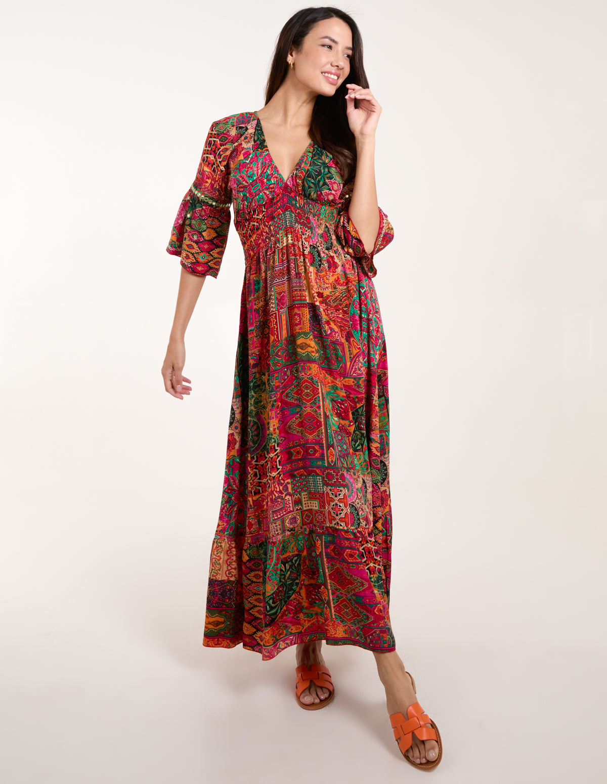 Embellished Sleeve V Neck Maxi Dress