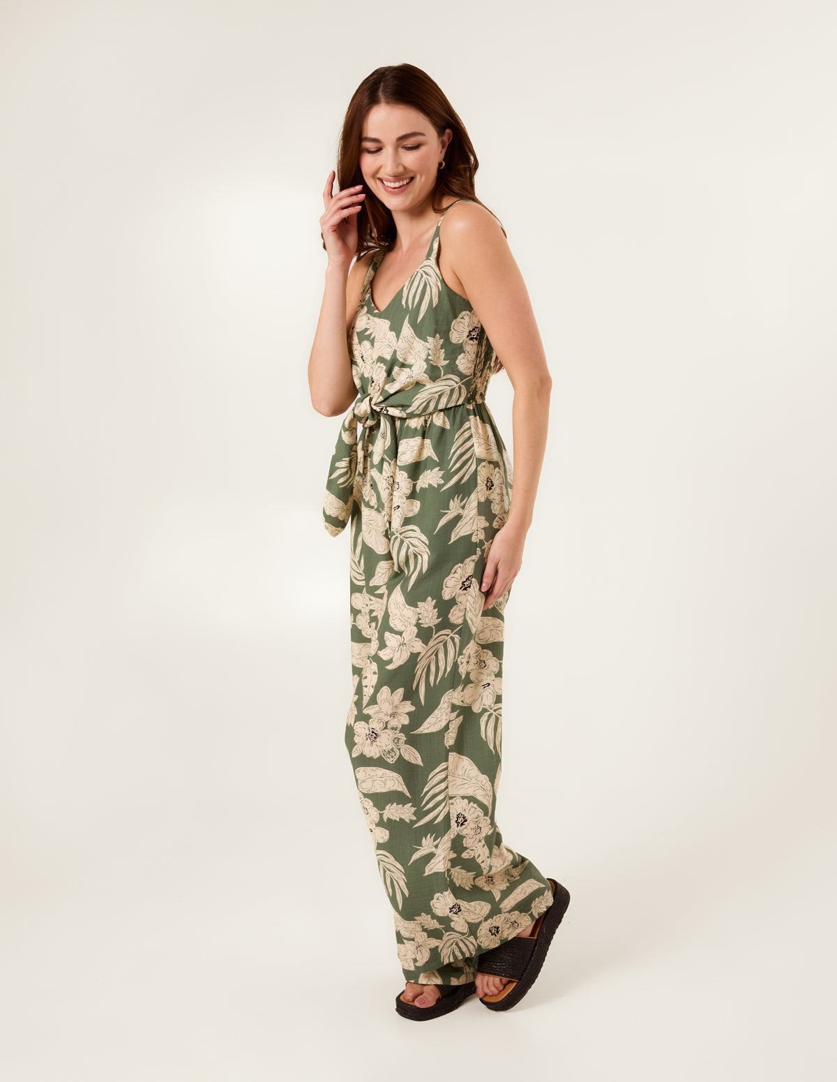 Tropical Print Tie Front Jumpsuit