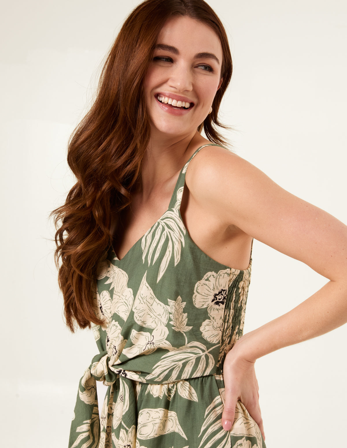 Tropical Print Tie Front Jumpsuit