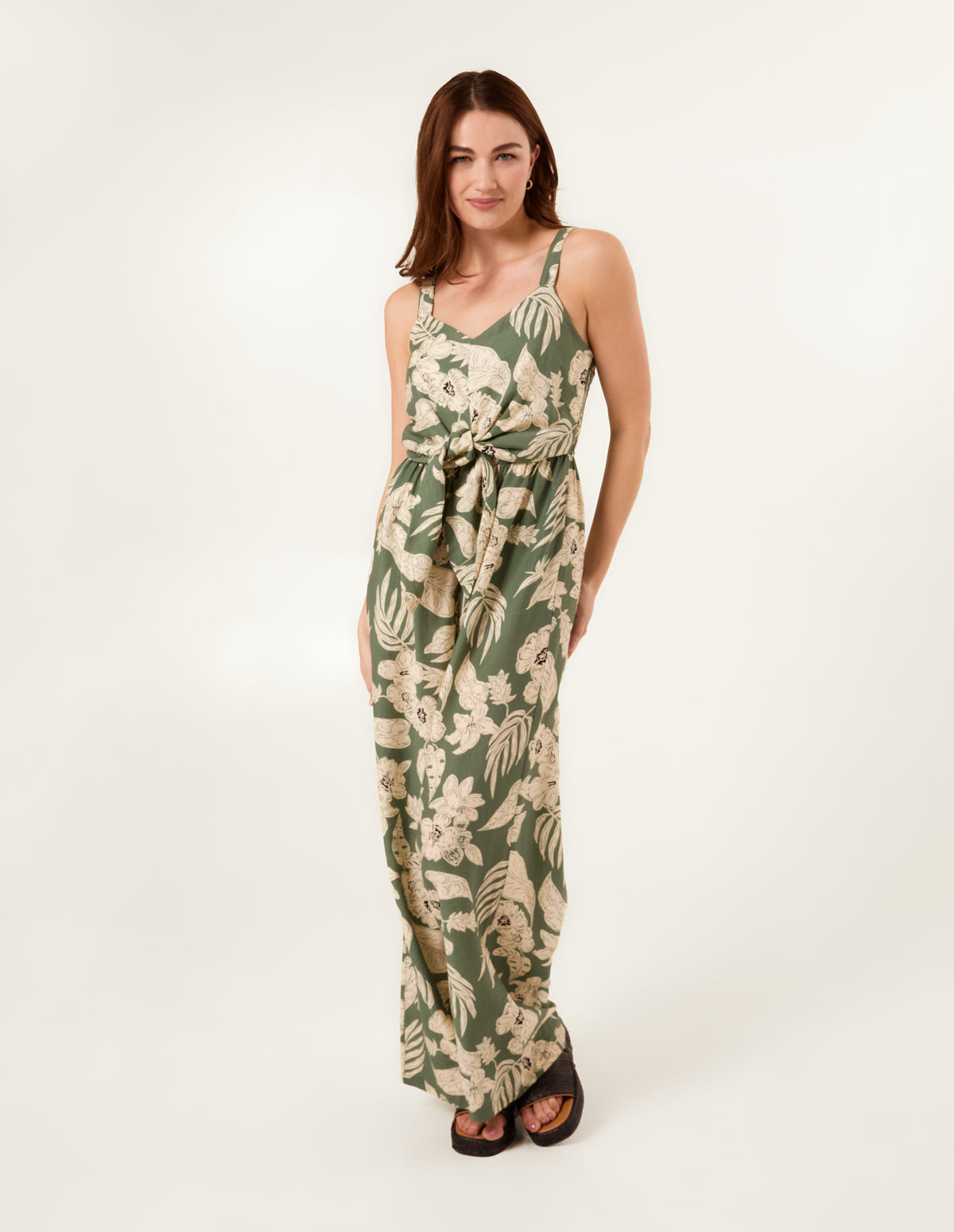 Tropical Print Tie Front Jumpsuit