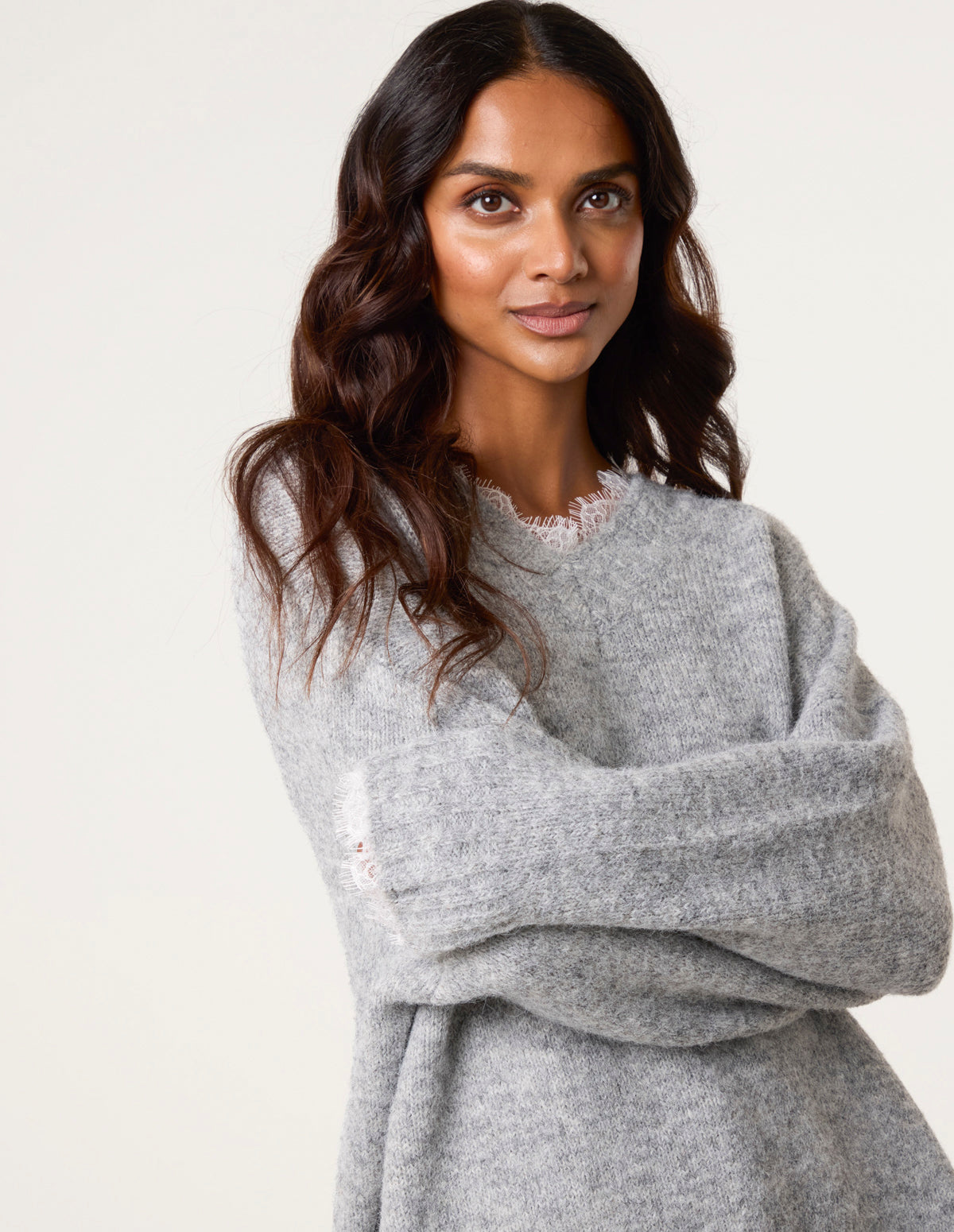 Lace Trim V Neck Jumper