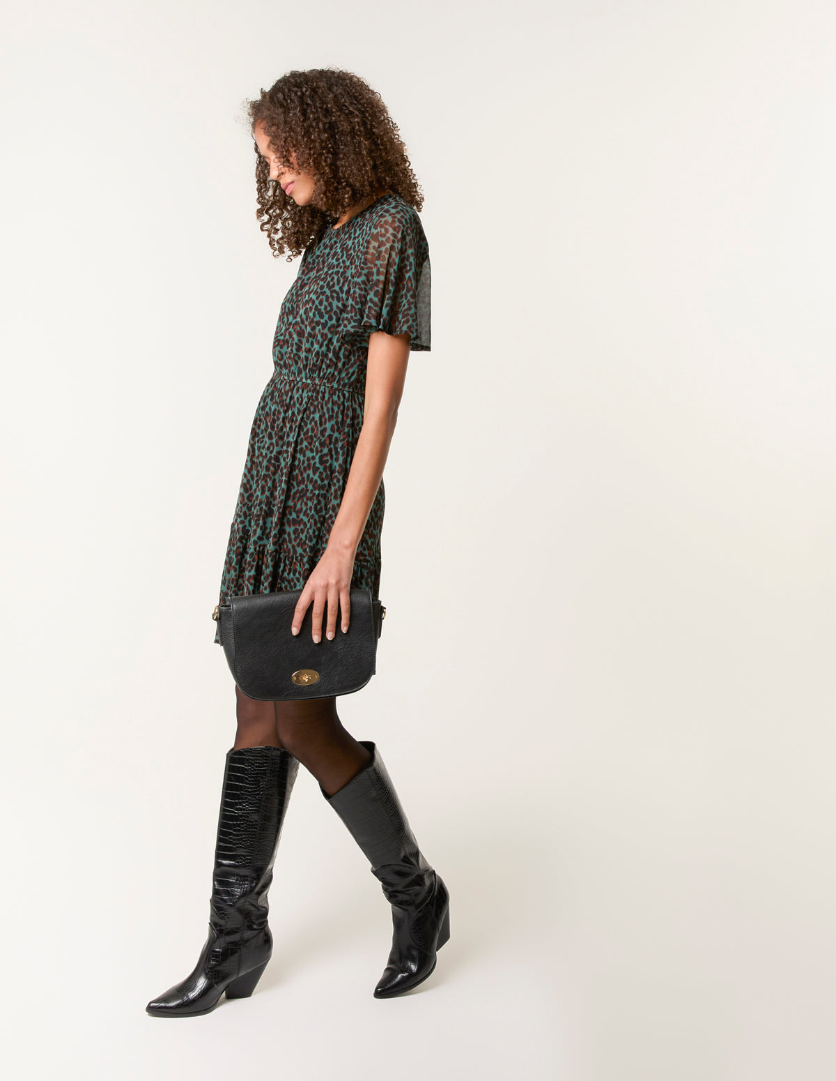 Leopard Print Mesh Crew Neck Mini Dress