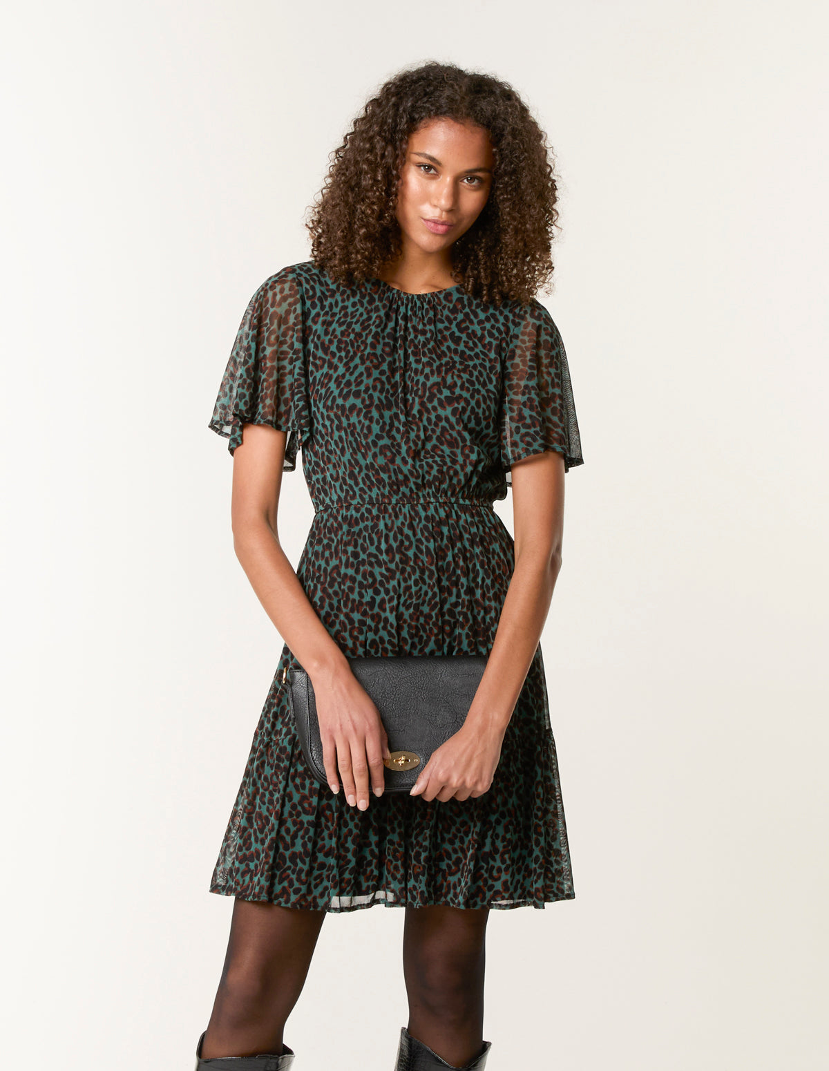 Leopard Print Mesh Crew Neck Mini Dress