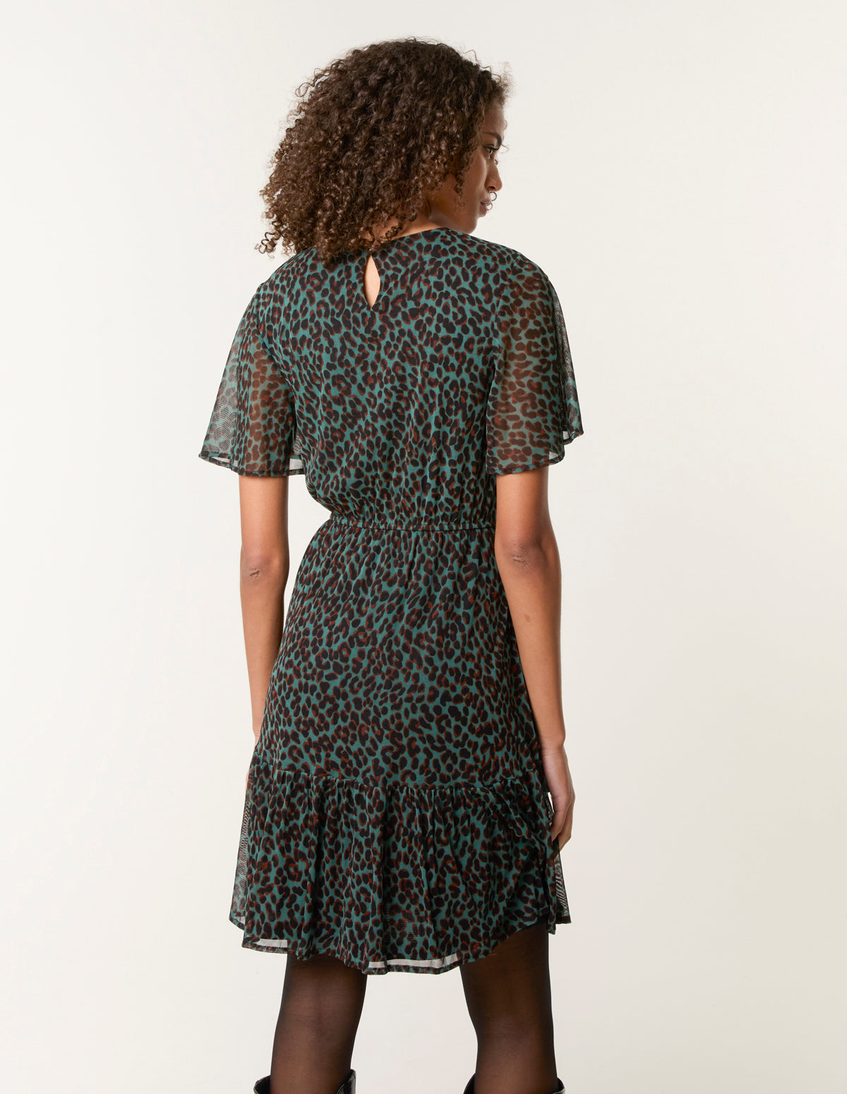 Leopard Print Mesh Crew Neck Mini Dress