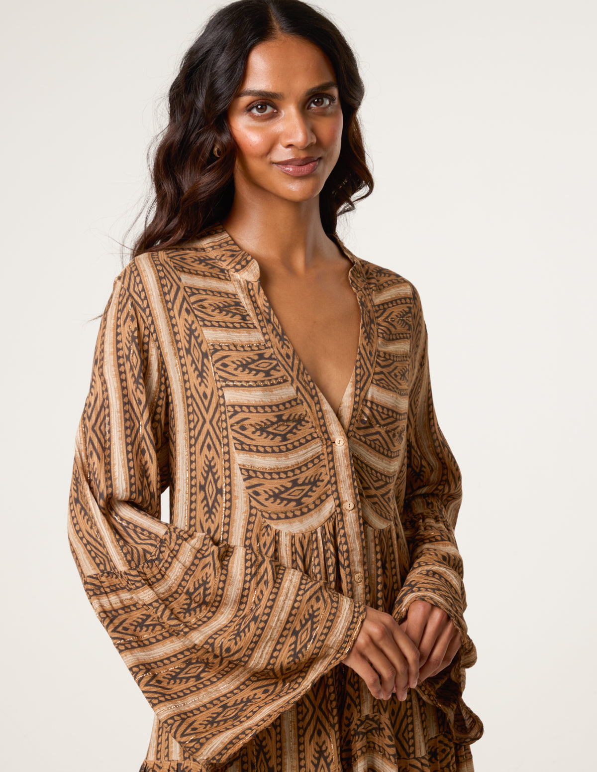 V Neck Aztec Smock Dress