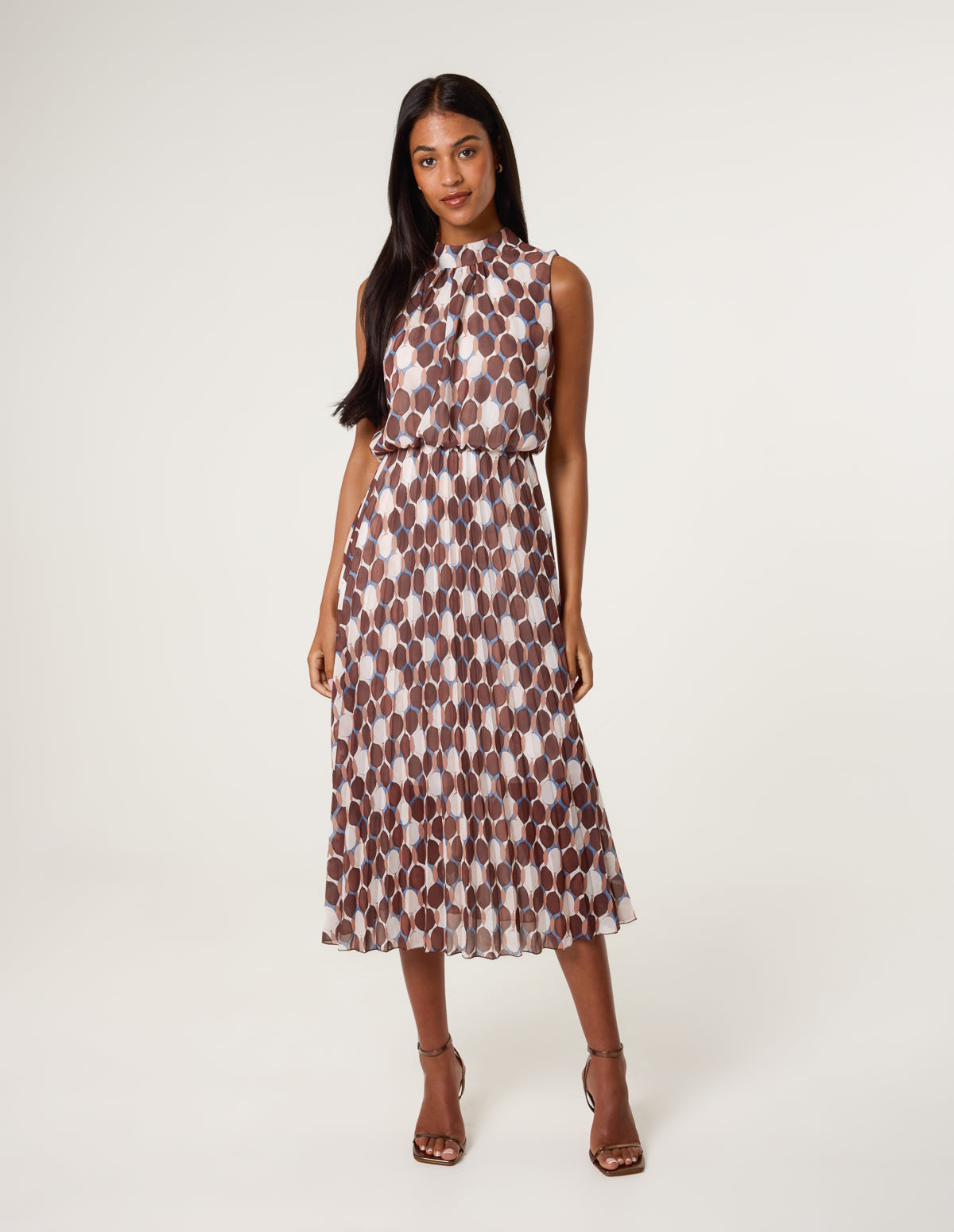 High Neck Geometric Print Pleated Dress