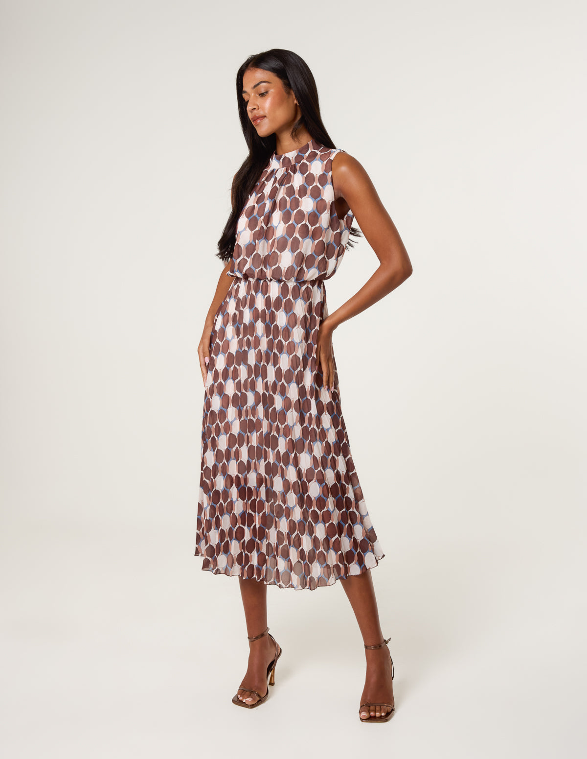 High Neck Geometric Print Pleated Dress
