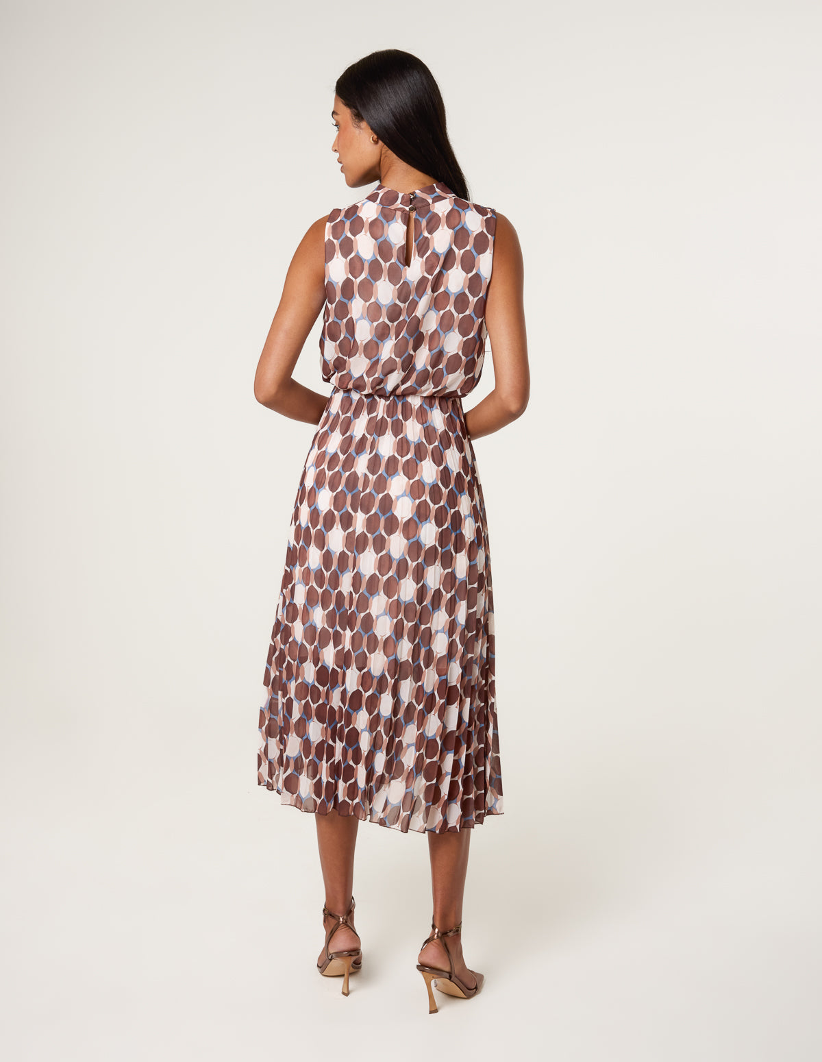 High Neck Geometric Print Pleated Dress