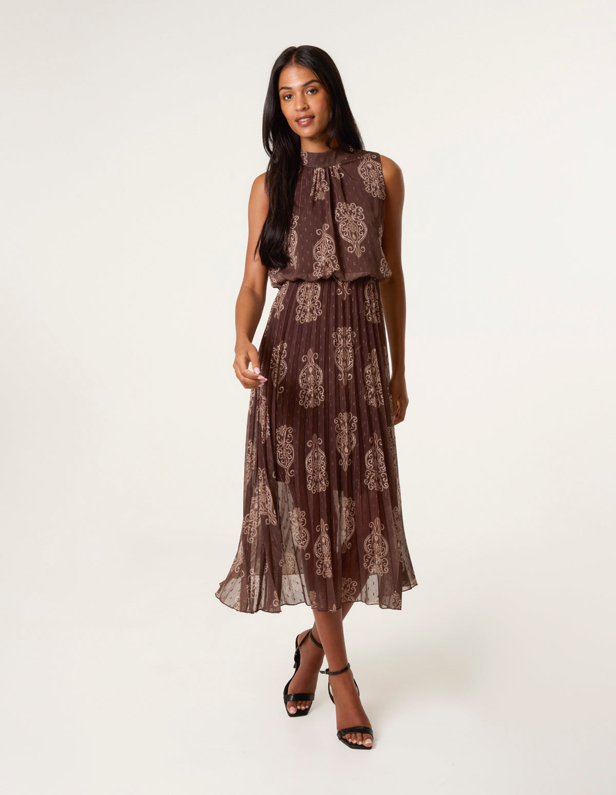 Paisley High Neck Sleeveless Pleated Midi Dress