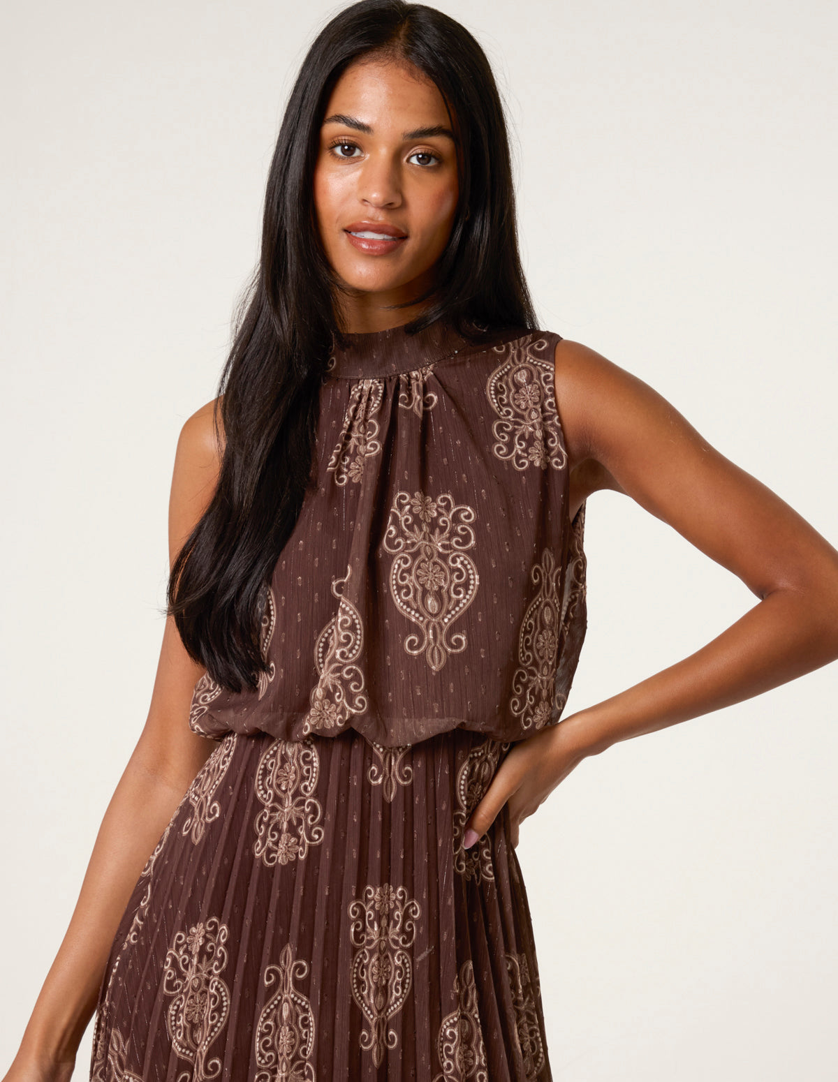 Paisley High Neck Sleeveless Pleated Midi Dress