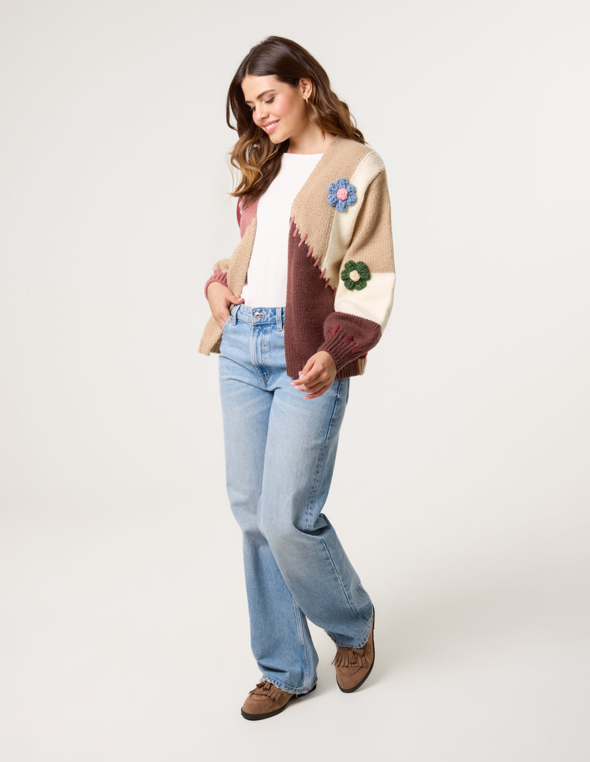 3D Flower Knit Colour Block Cardigan