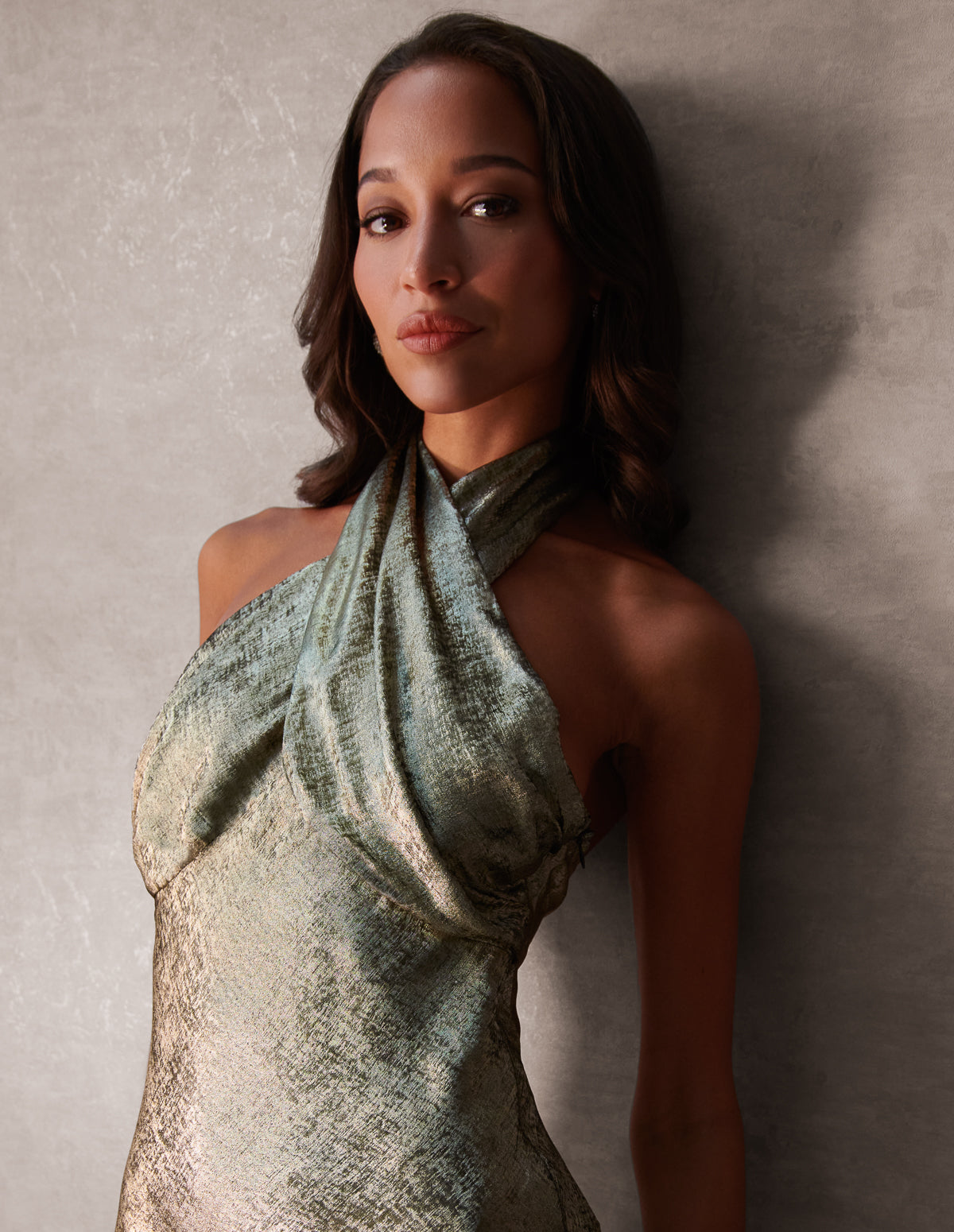 Luxe Twist Front Halter Neck Lame Dress