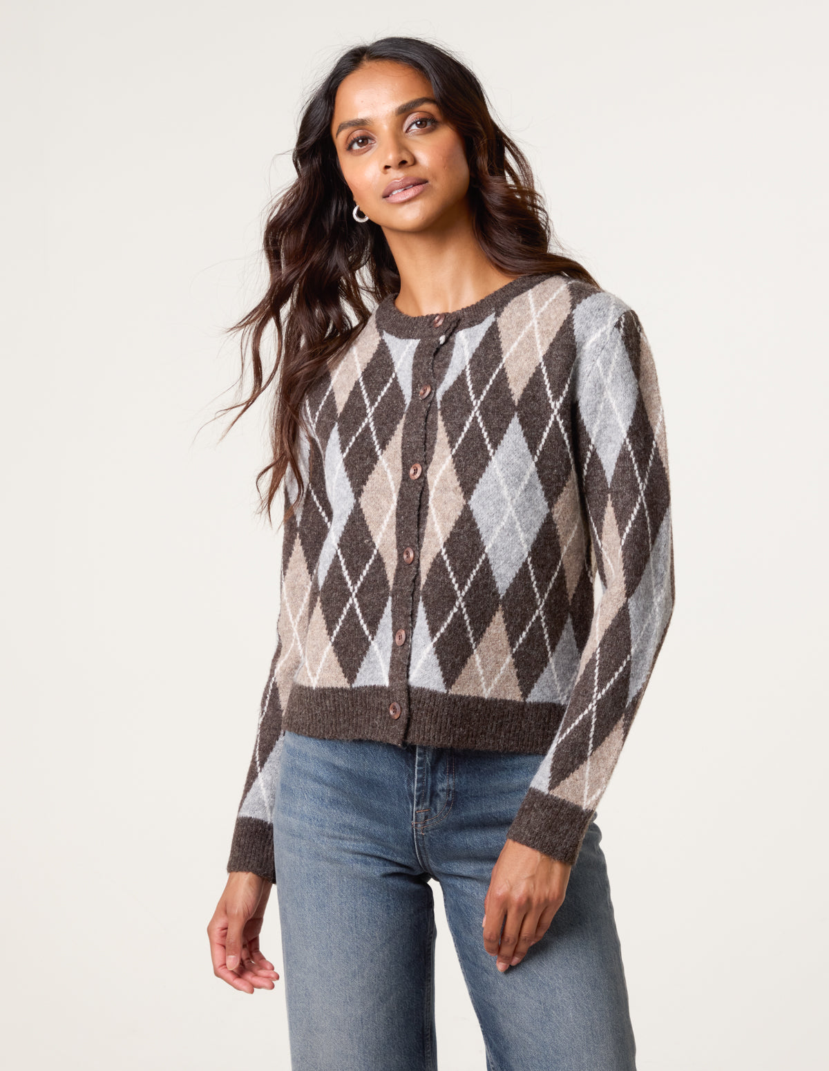 Argyle Knit Button Front Cardigan