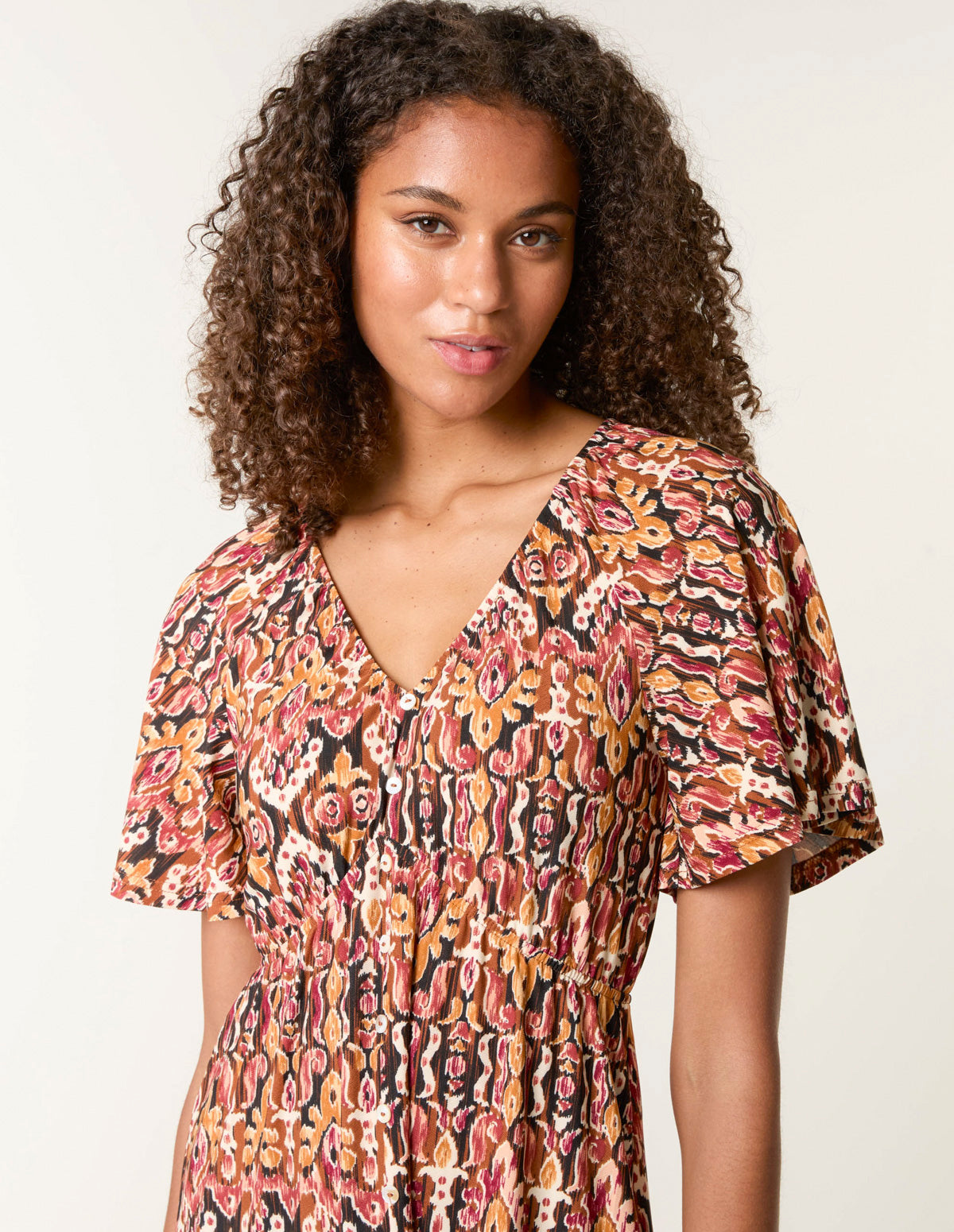 Button Through Elastic Waist And Neck Mini Dress