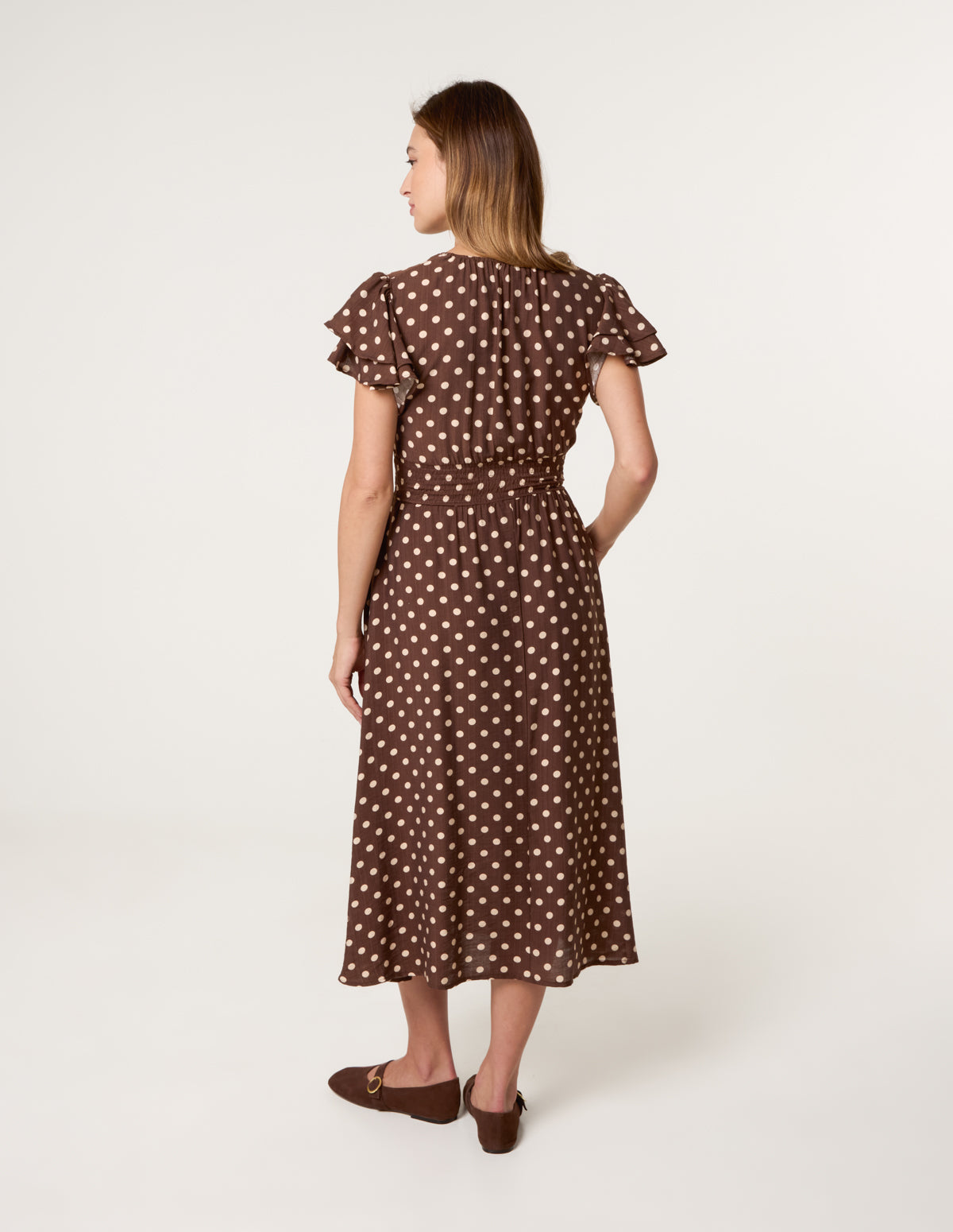 Polka Dot Double Frill Shirred Midi Dress