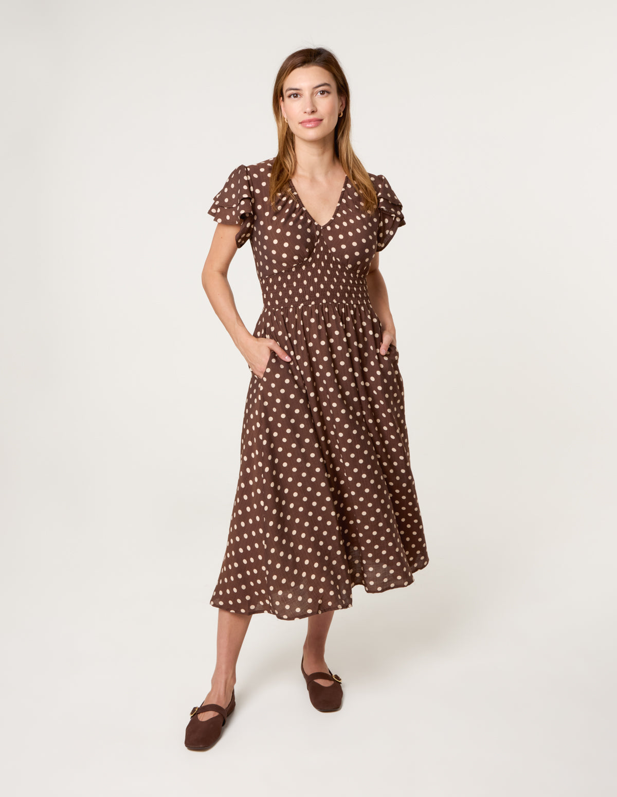 Polka Dot Double Frill Shirred Midi Dress
