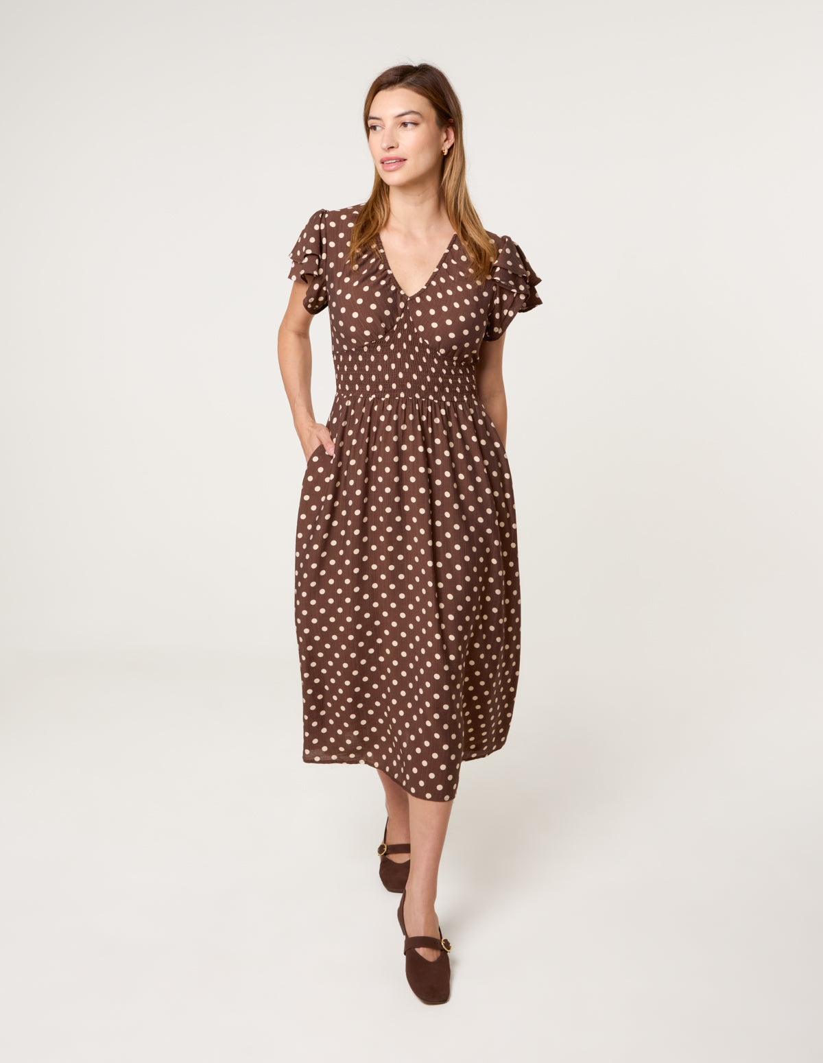 Polka Dot Double Frill Shirred Midi Dress