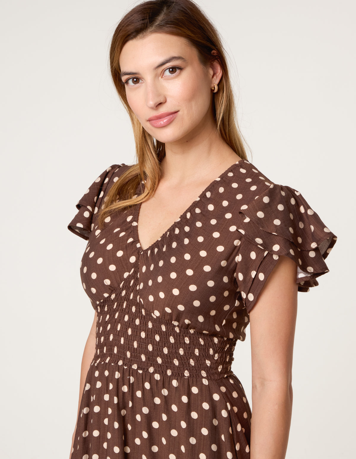 Polka Dot Double Frill Shirred Midi Dress