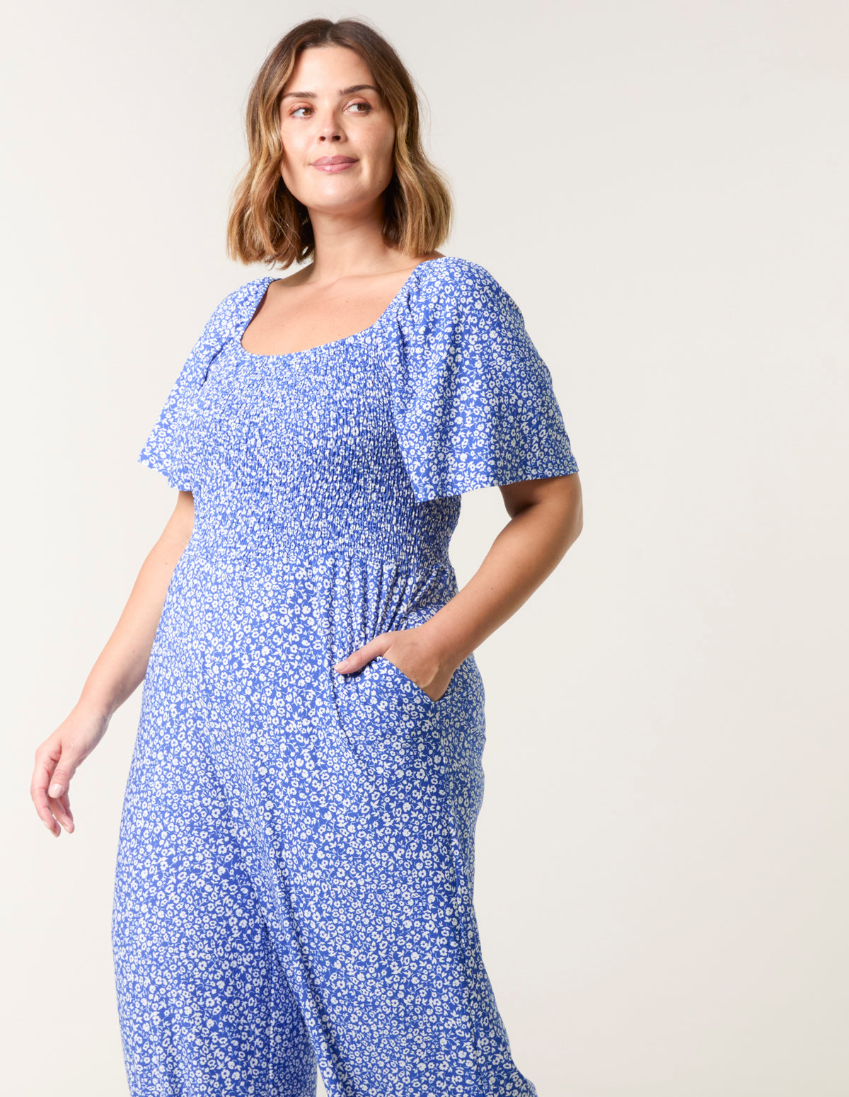 Curve Square Neck Shirred Jumpsuit