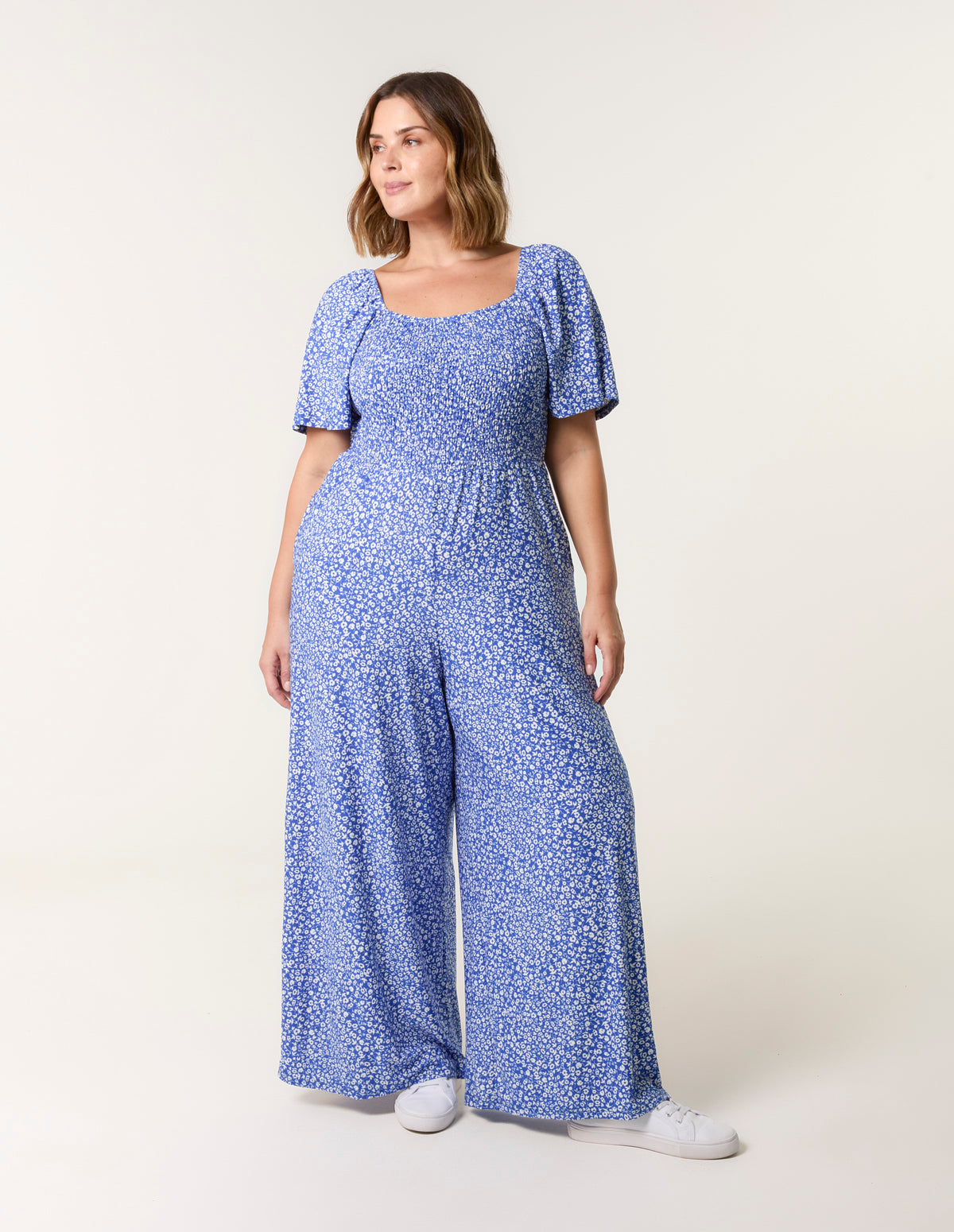 Curve Square Neck Shirred Jumpsuit