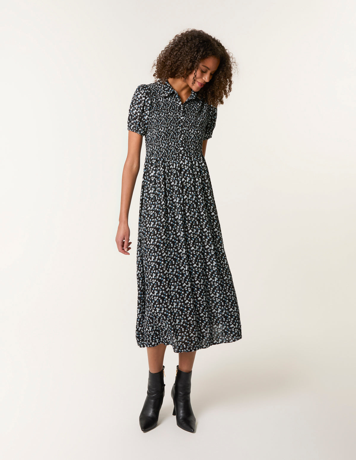 Ditsy Floral Puff Sleeve Shirred Dress