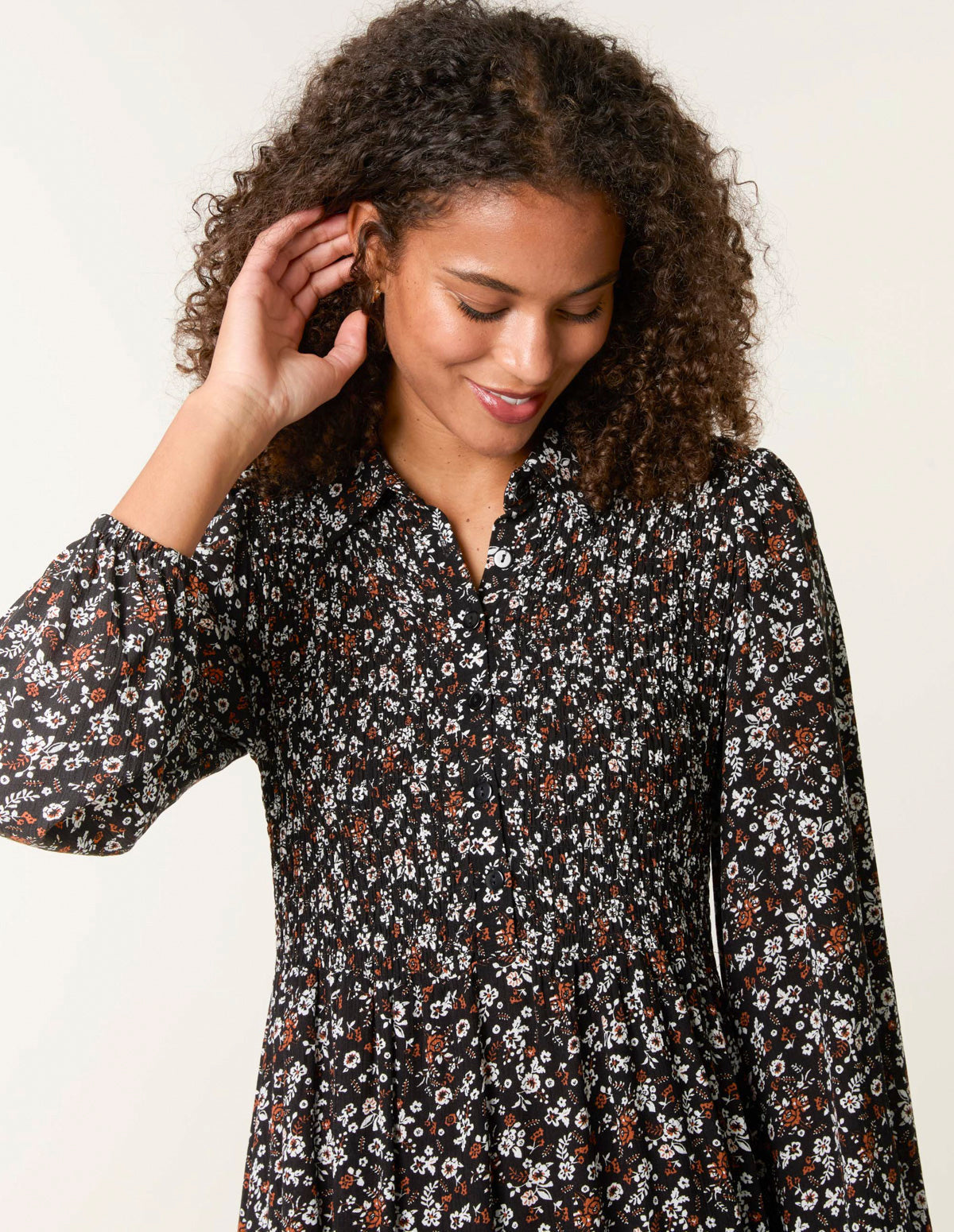 Ditsy Floral Long Sleeve Shirred Maxi Dress