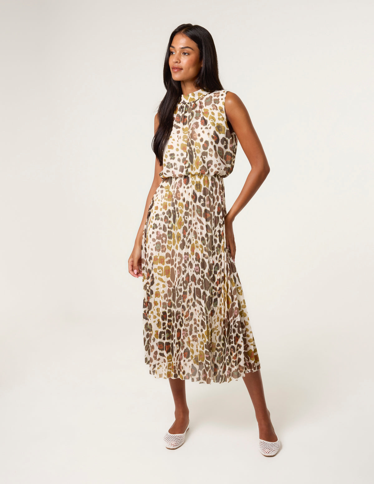 Abstract Leopard Print Sleeveless Pleated Midi Dress