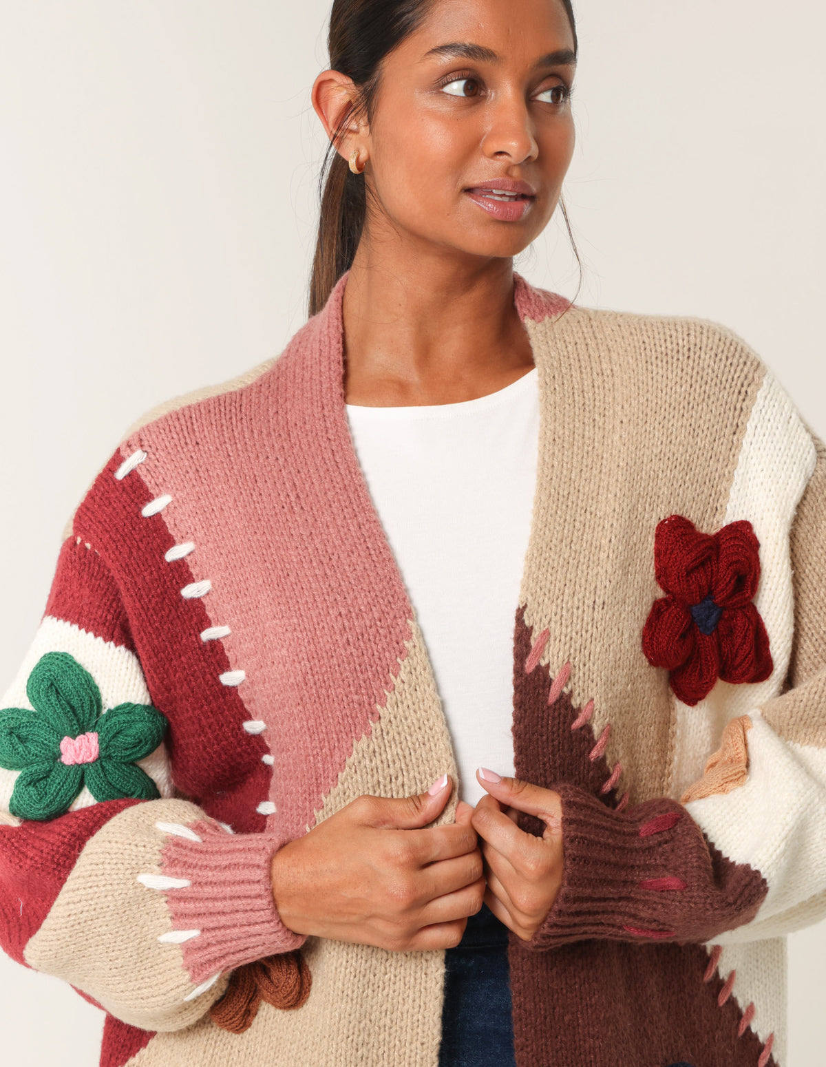 Colour Block 3D Flower Longline Cardigan