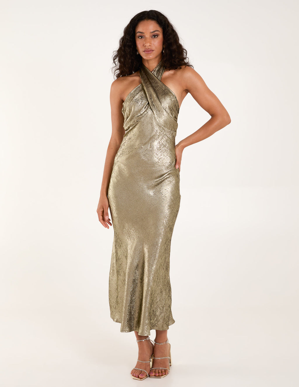 Luxe Twist Front Halter Neck Lame Dress