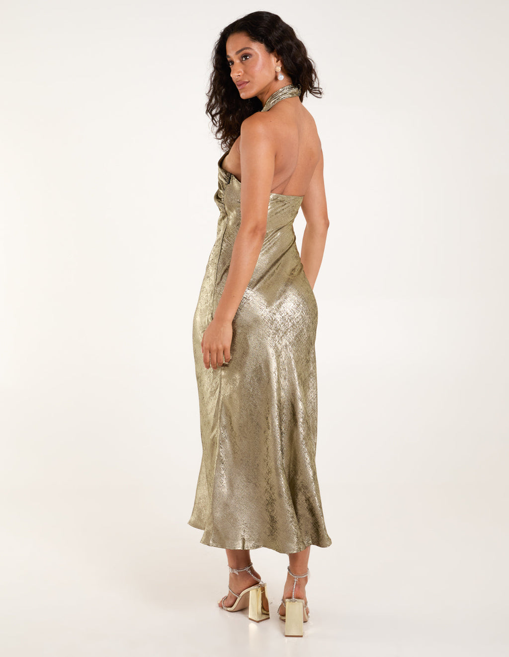 Luxe Twist Front Halter Neck Lame Dress