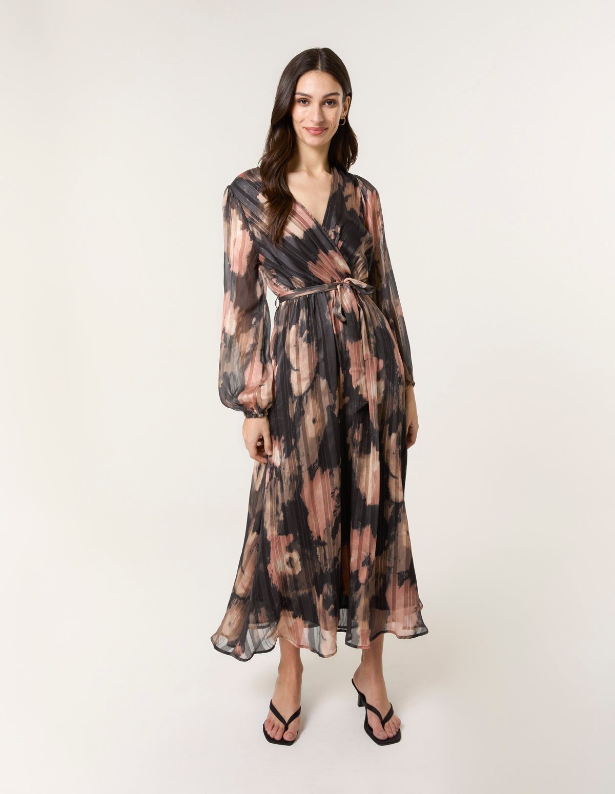 Watercolour Pleated Wrap Belted Dress