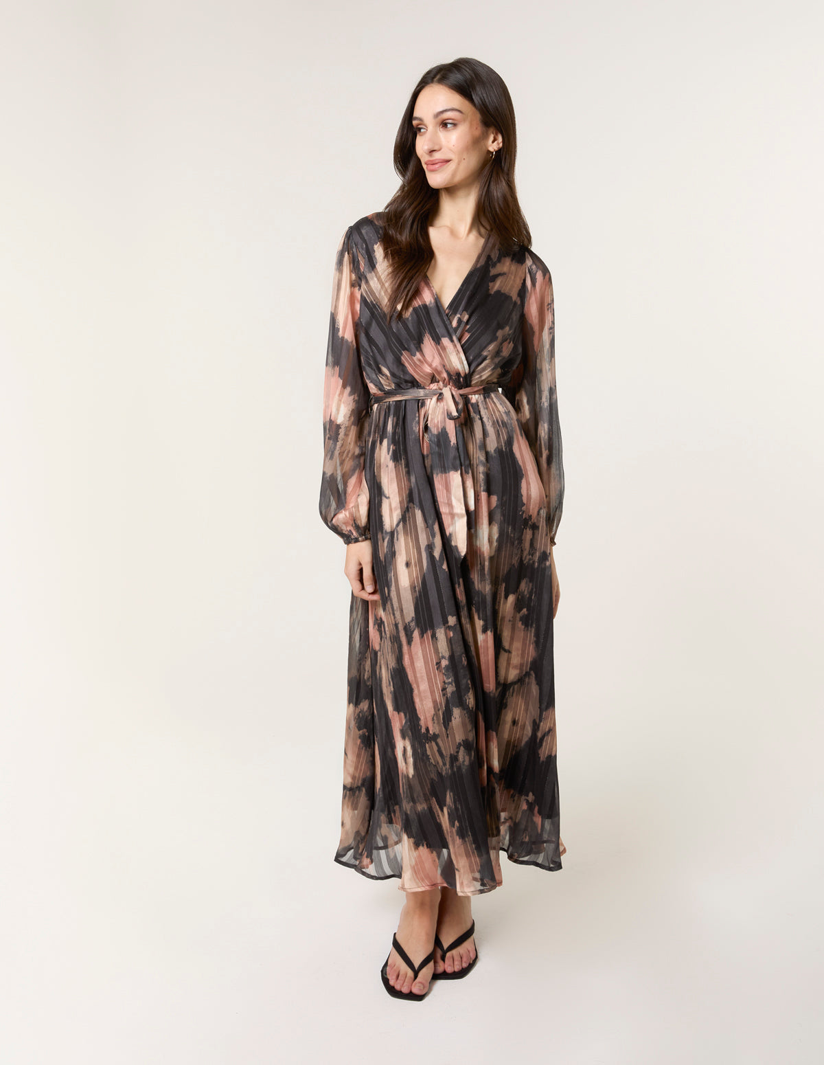 Watercolour Pleated Wrap Belted Dress