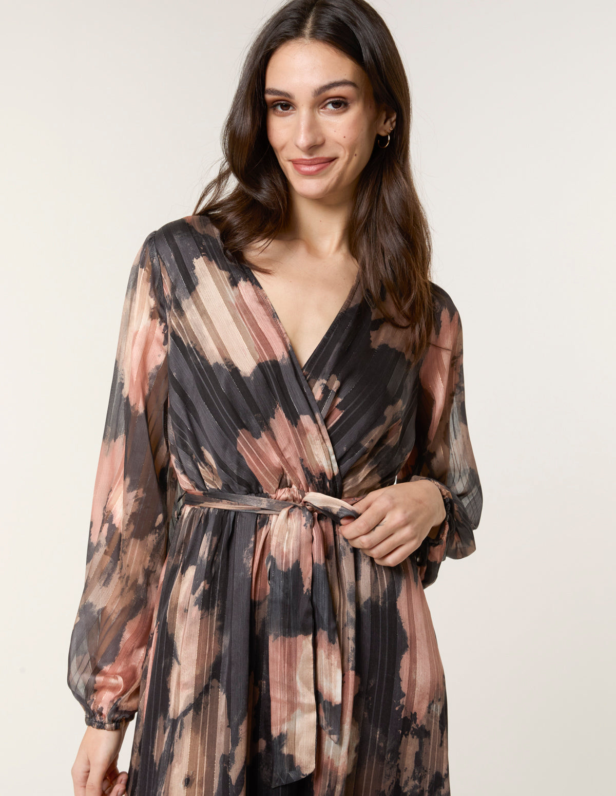 Watercolour Pleated Wrap Belted Dress