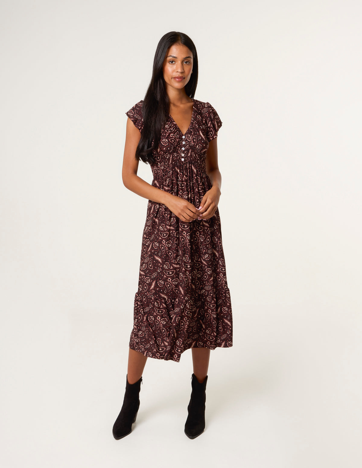 V Neck Midi Dress With Button Front