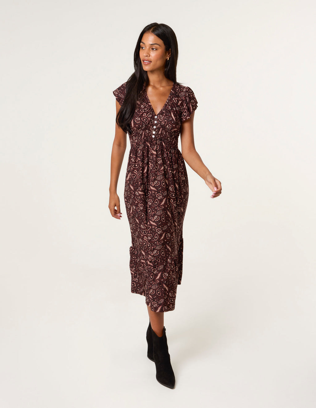 V Neck Midi Dress With Button Front