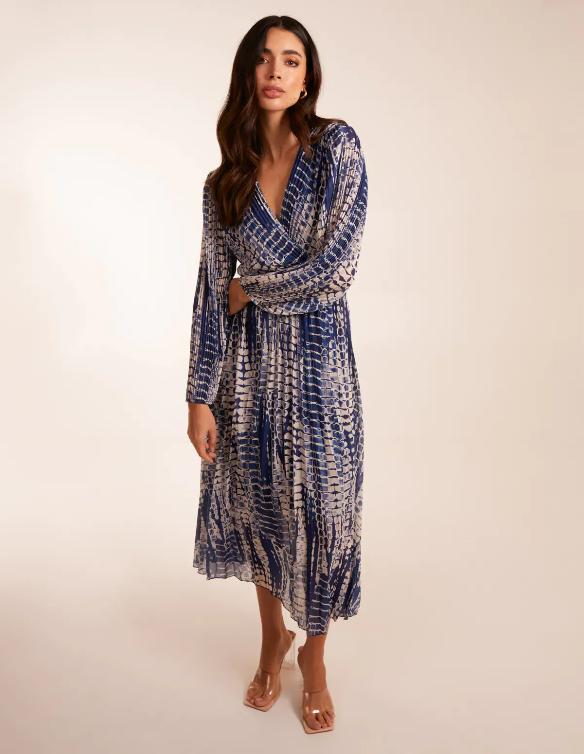 Pleated Abstract Snake Print Wrap Dress