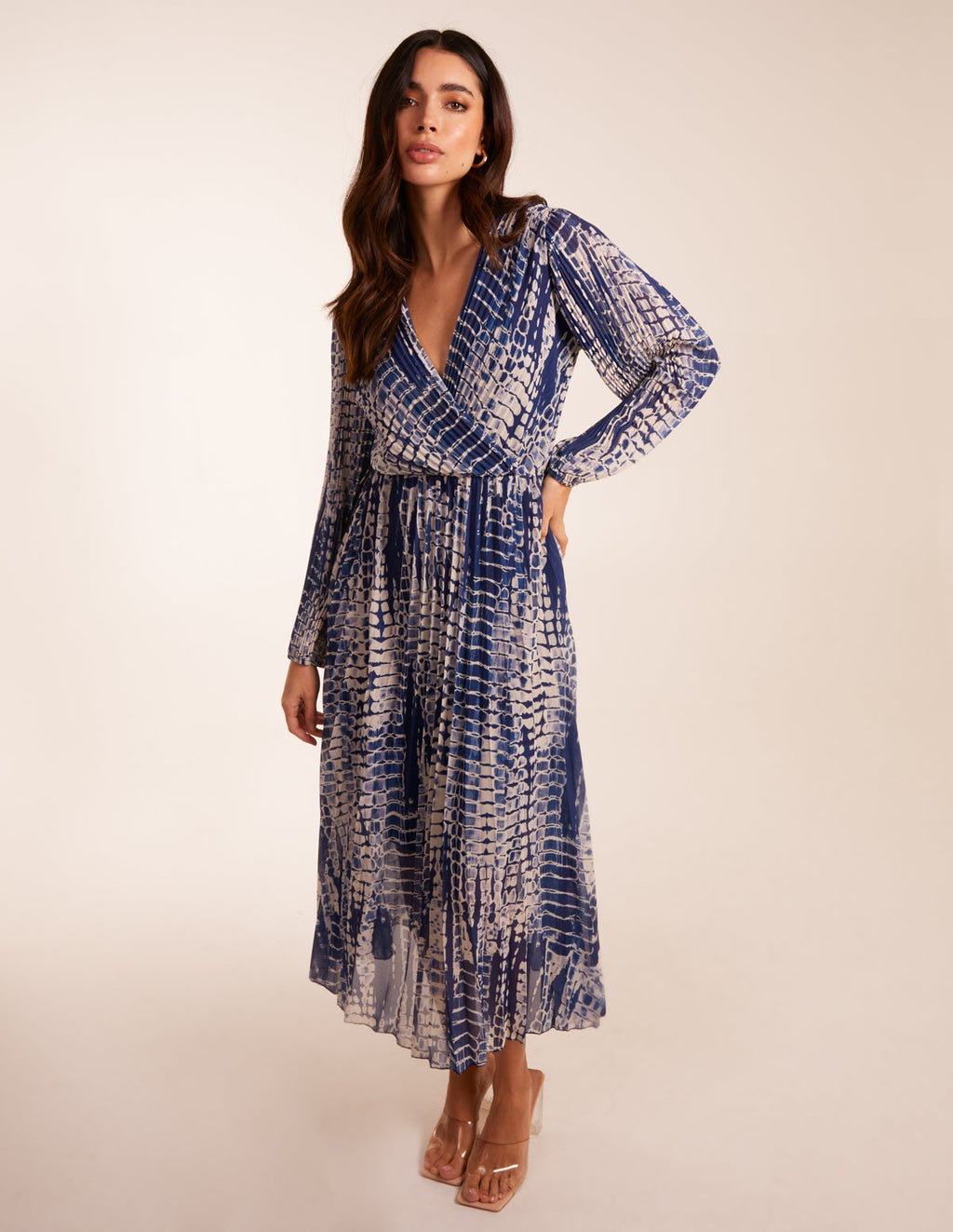 Pleated Abstract Snake Print Wrap Dress