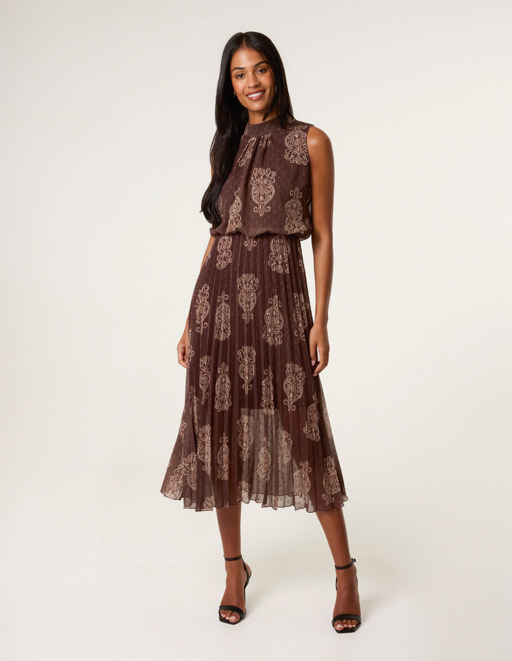 Paisley High Neck Sleeveless Pleated Midi Dress