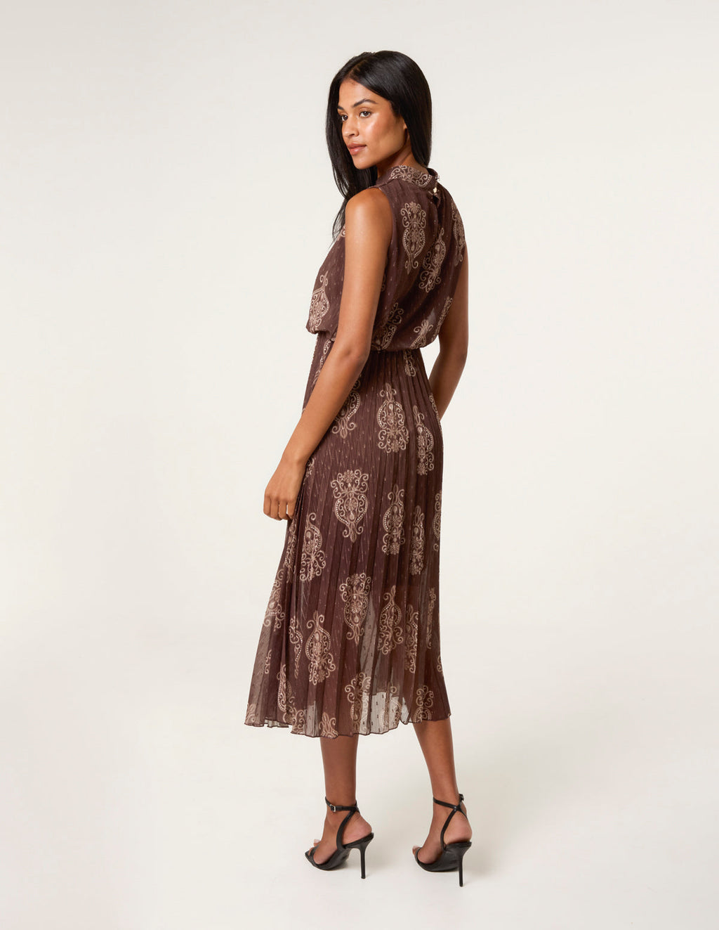 Paisley High Neck Sleeveless Pleated Midi Dress