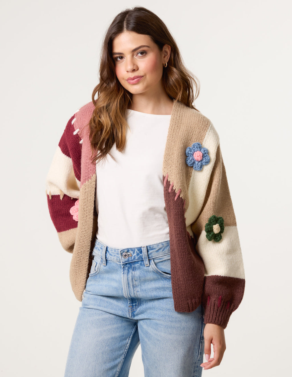 3D Flower Knit Colour Block Cardigan