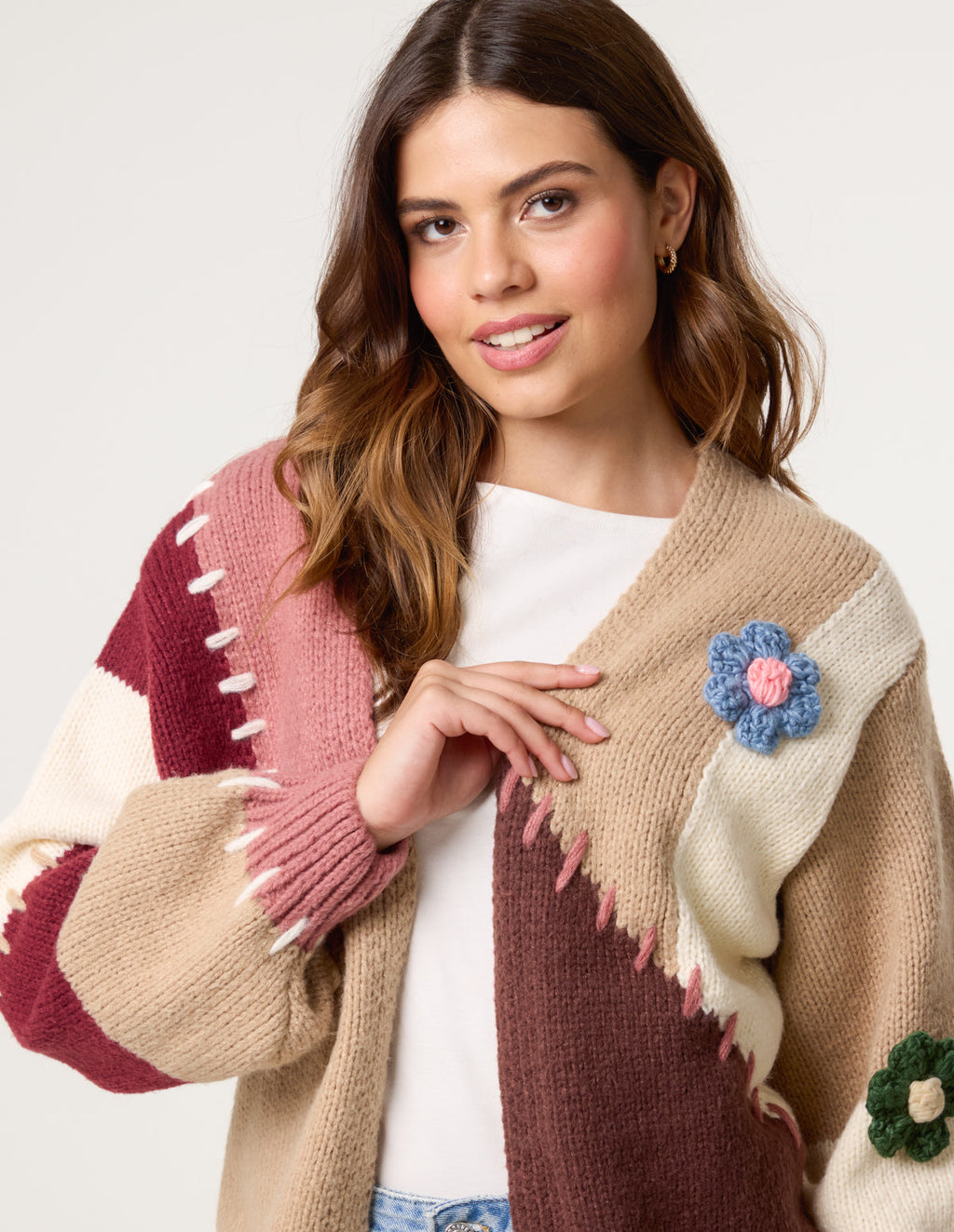 3D Flower Knit Colour Block Cardigan