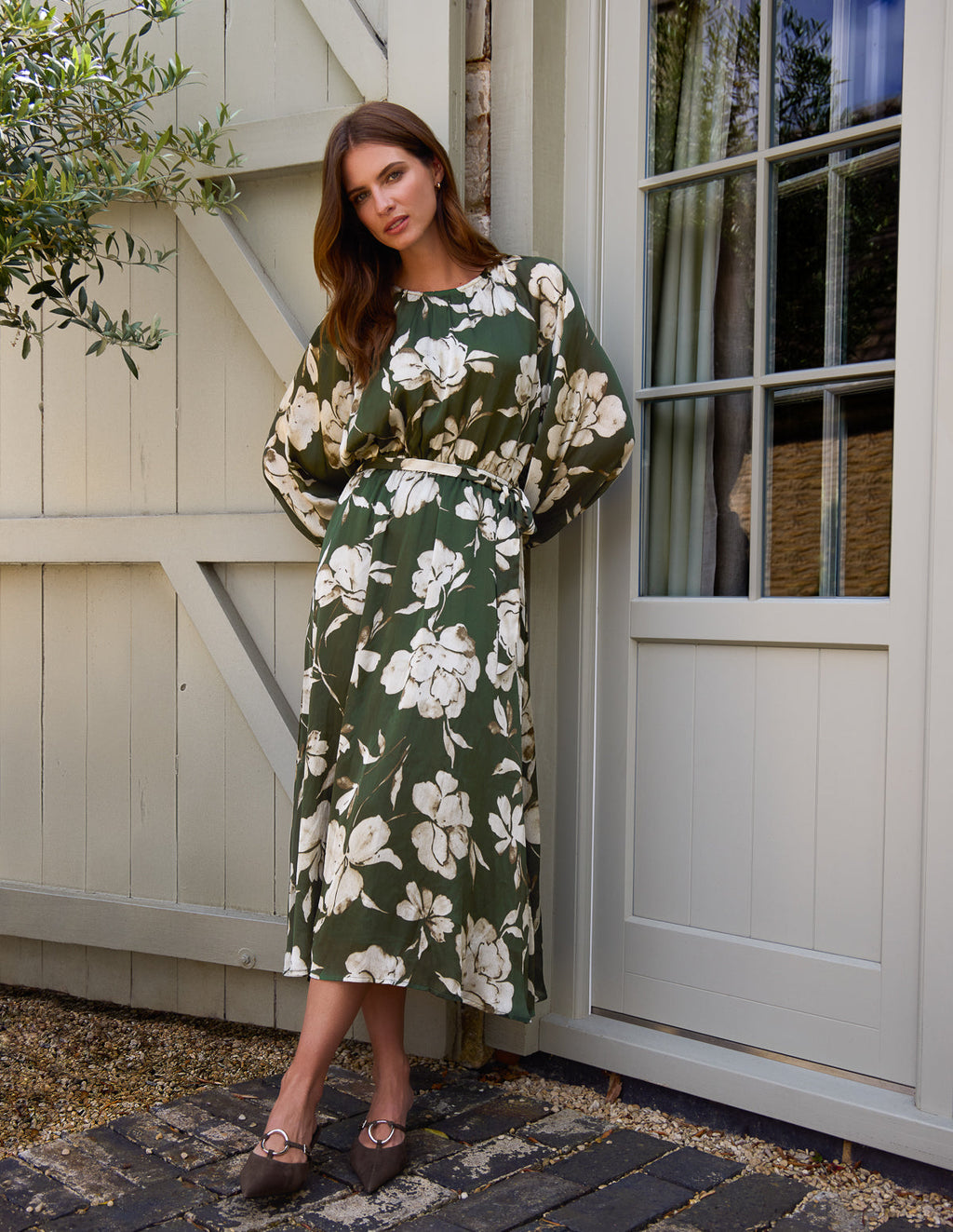 Satin Elastic Waist Midi Dress