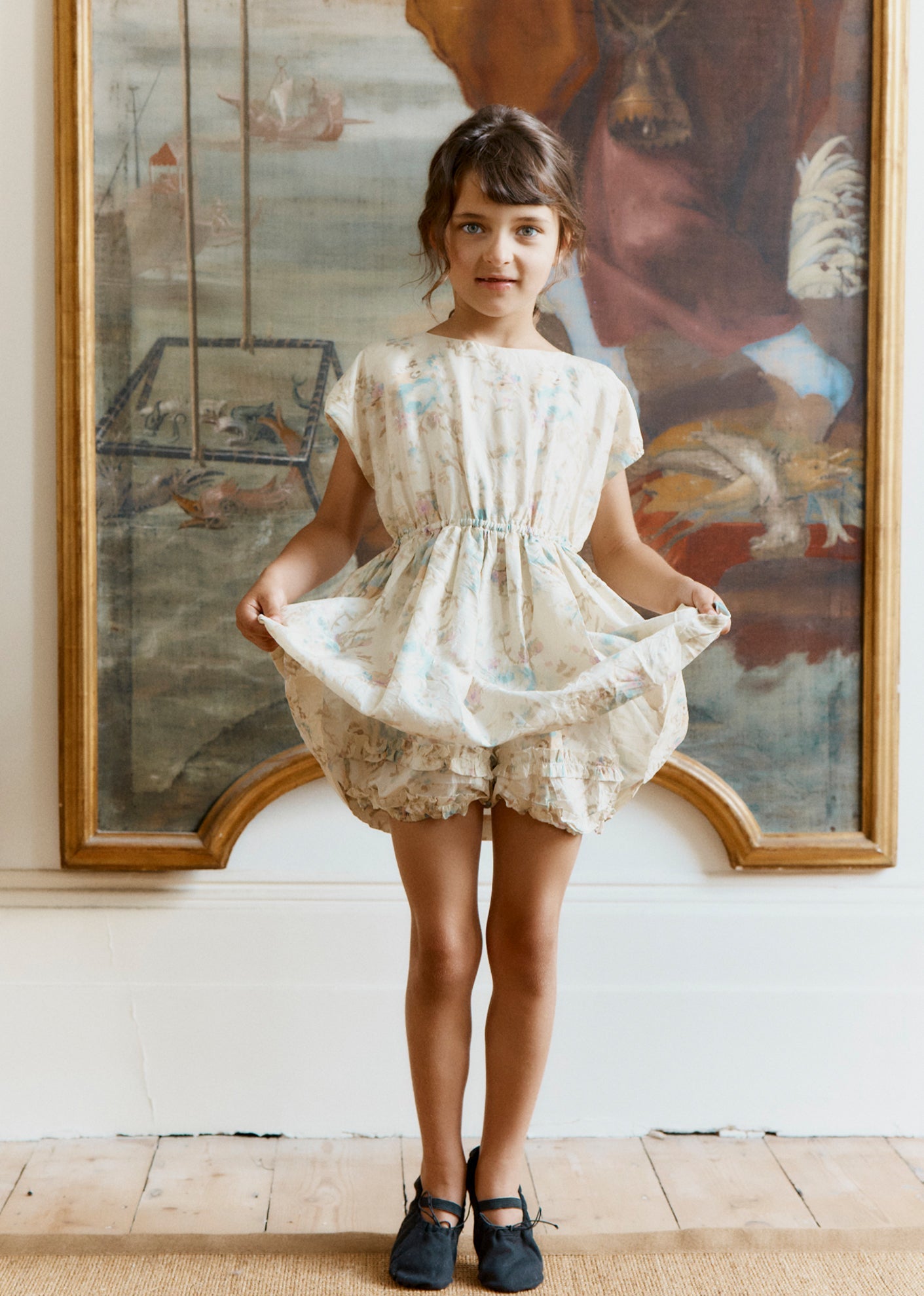 CRESSIDA GIRL'S SILK PLAYSUIT - BLUE ROSE PRINT