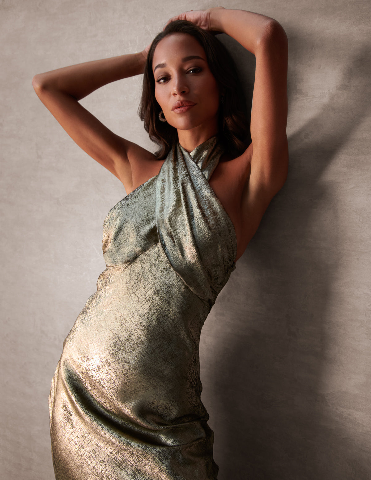 Luxe Twist Front Halter Neck Lame Dress