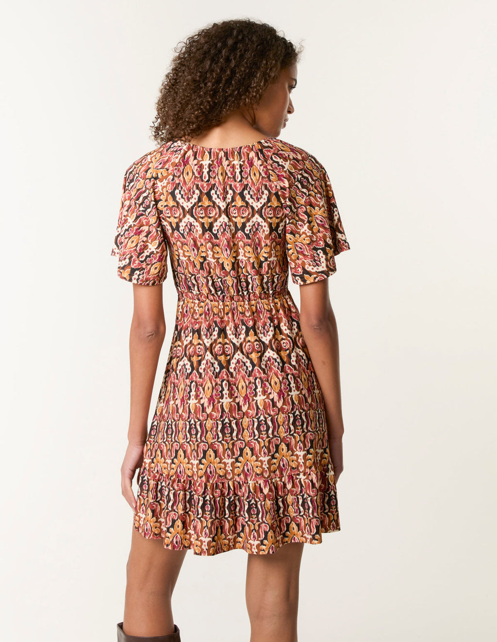 Button Through Elastic Waist And Neck Mini Dress