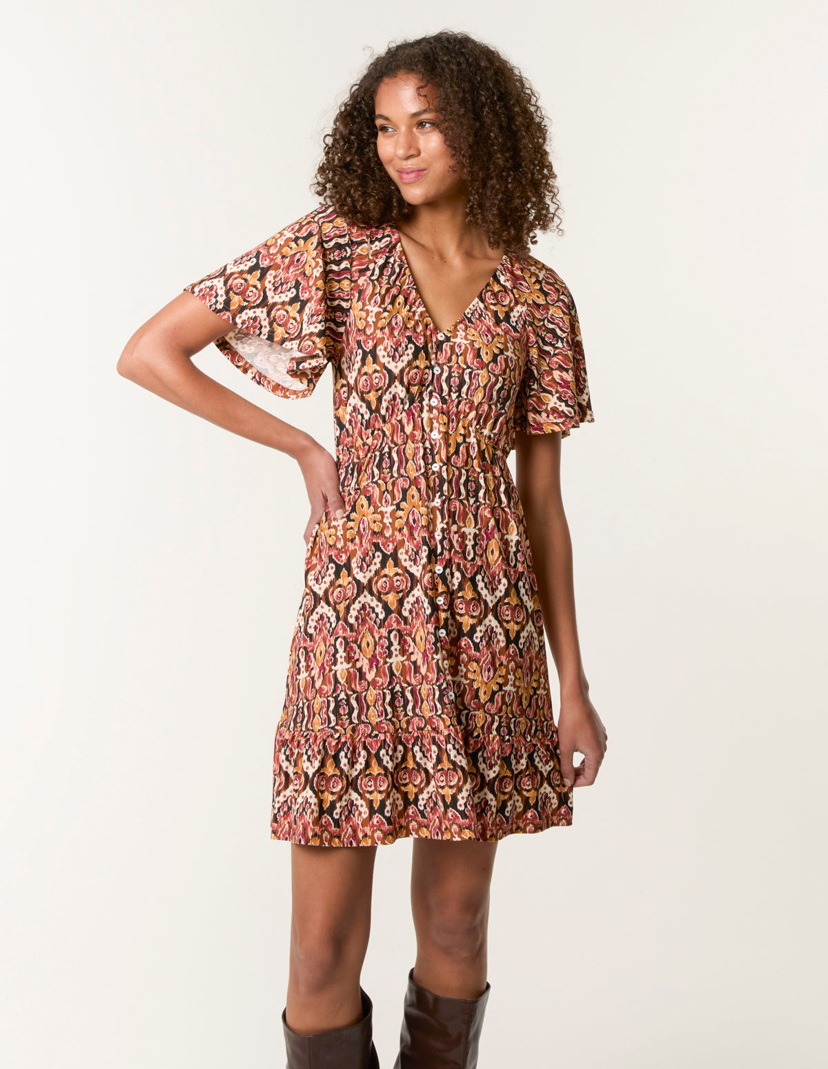 Button Through Elastic Waist And Neck Mini Dress